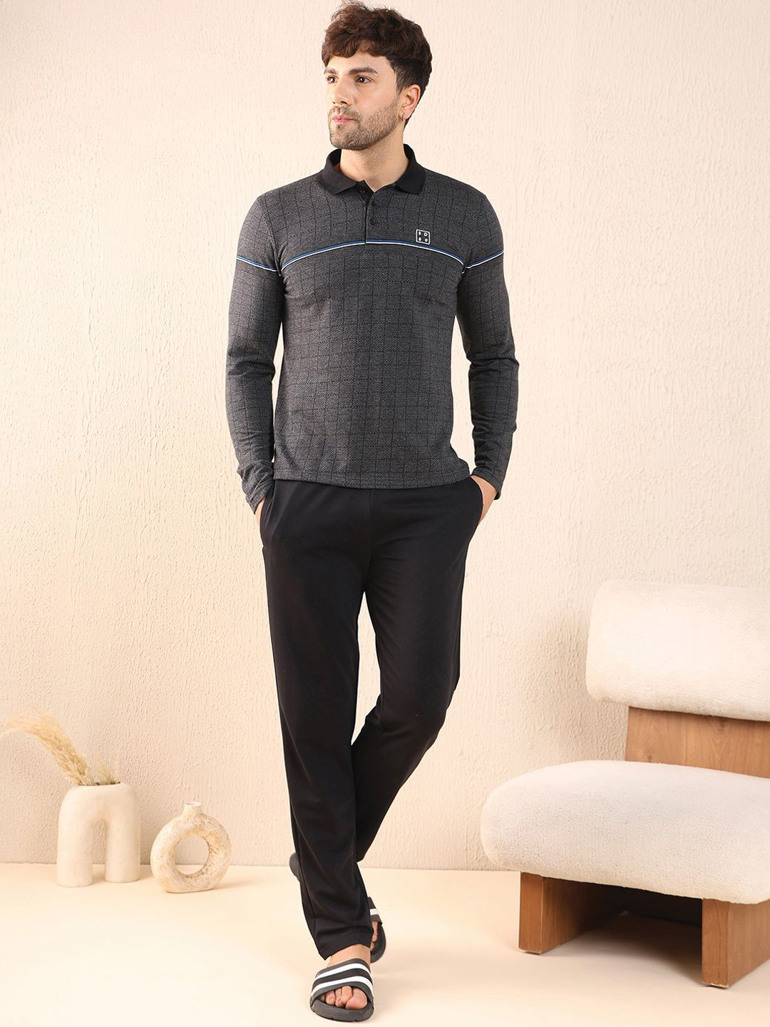 Sweet Dreams Men Checked Polo Collar Neck T shirt and Solid Pyjama Night Suit