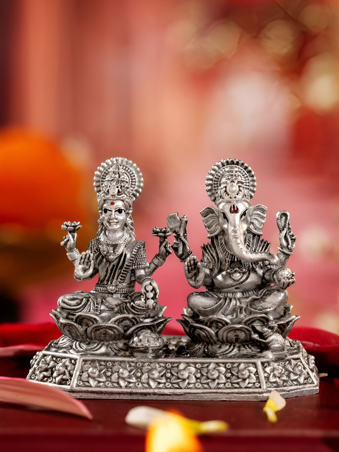 Aisshpra Silver-Toned Lakshmi Ganesh 925 Pure Silver Religious Idol Showpiece