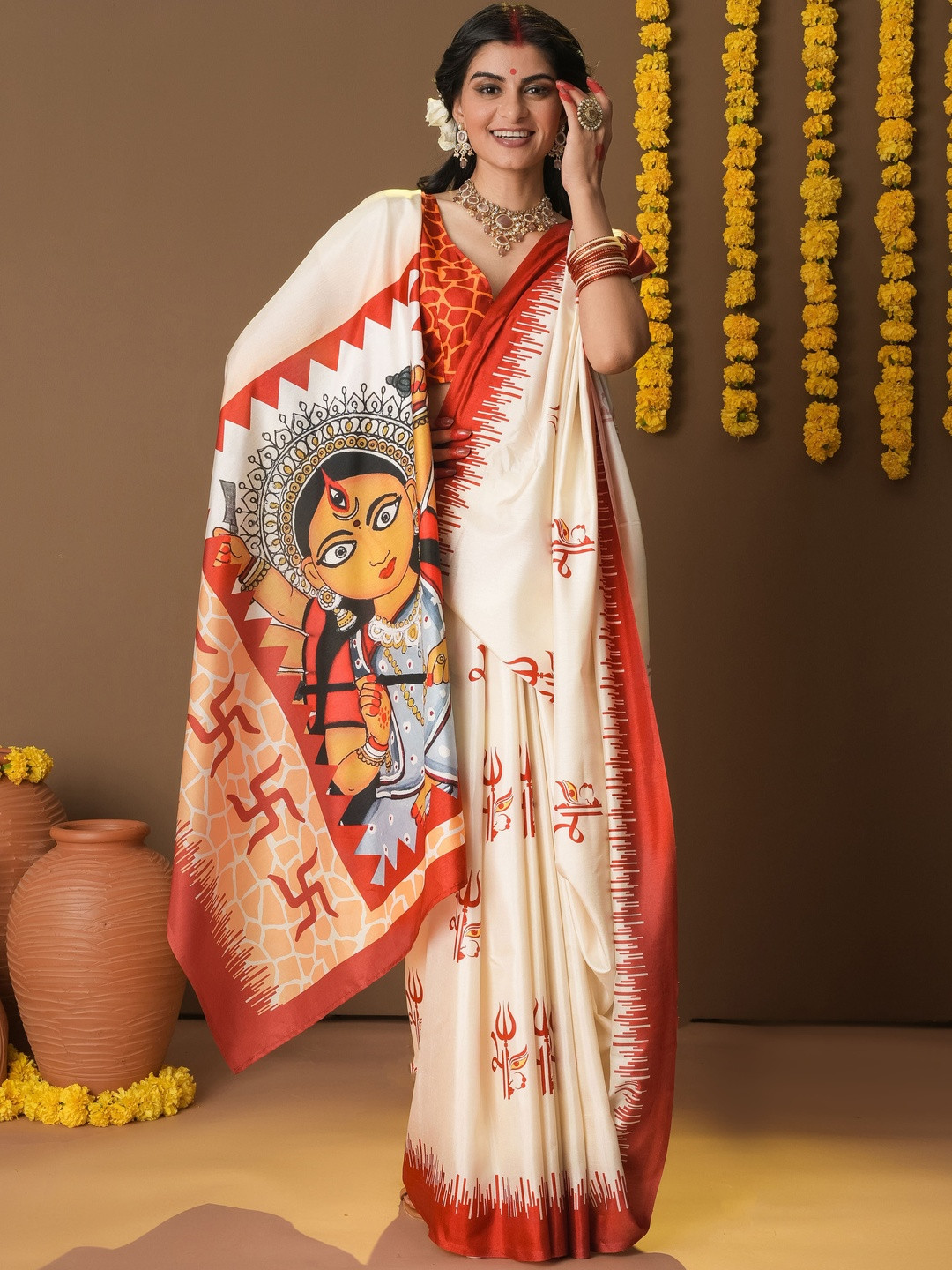 RACHNA Durga Trishul Prints Dola Silk Ready To Wear Saree