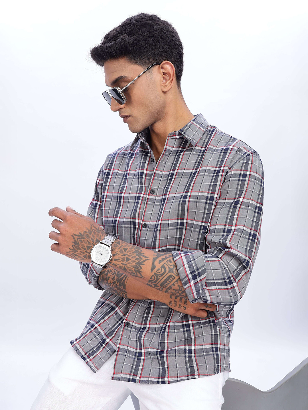 Eszett Flannel Tartan Checked Spread Collar Pure Cotton Shirt