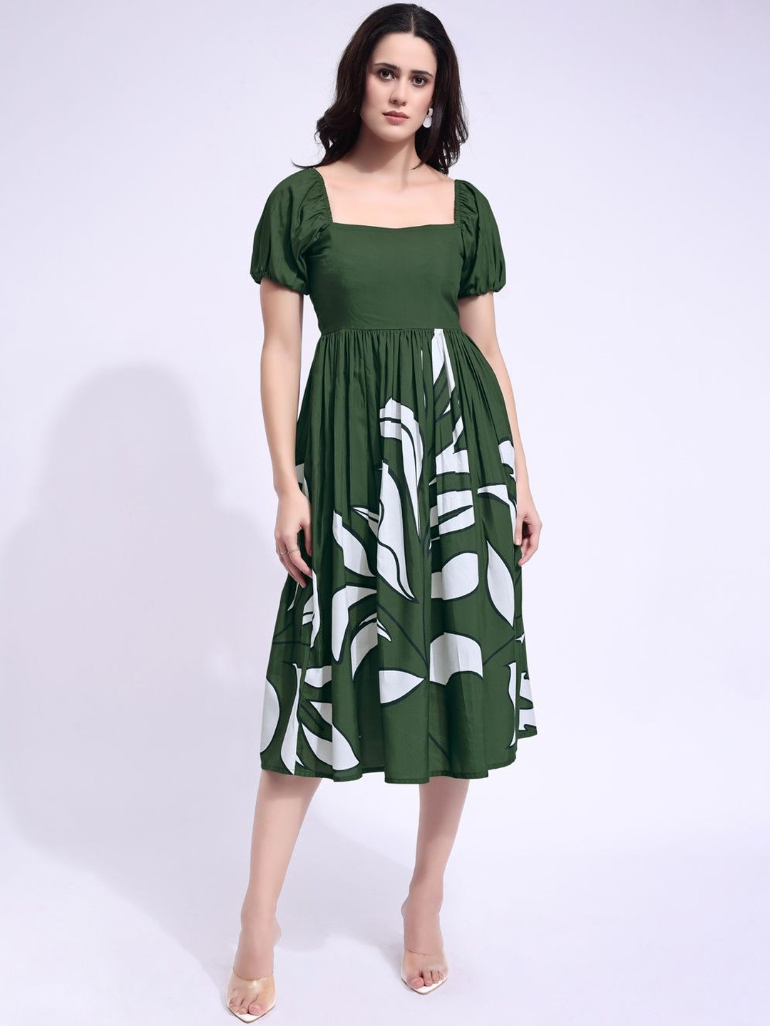 PURVAJA WorkFlair Floral Printed Puff Sleeve Fit and Flare Midi Dress