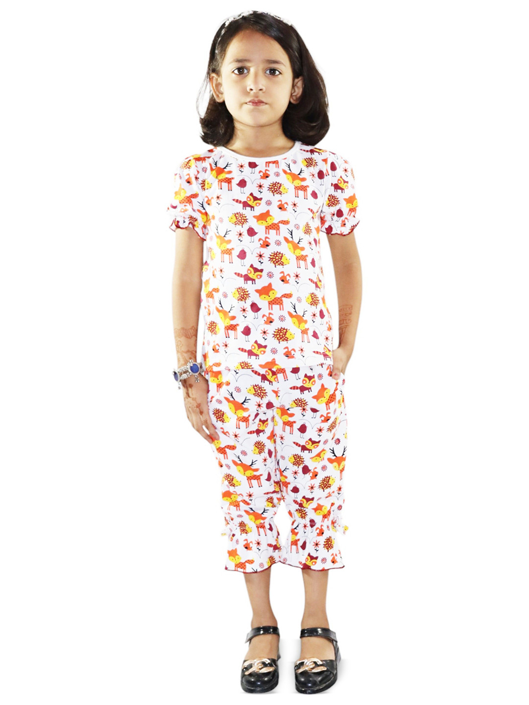 Kids Cave Girls Printed Round Neck Pure Cotton Clothing Set