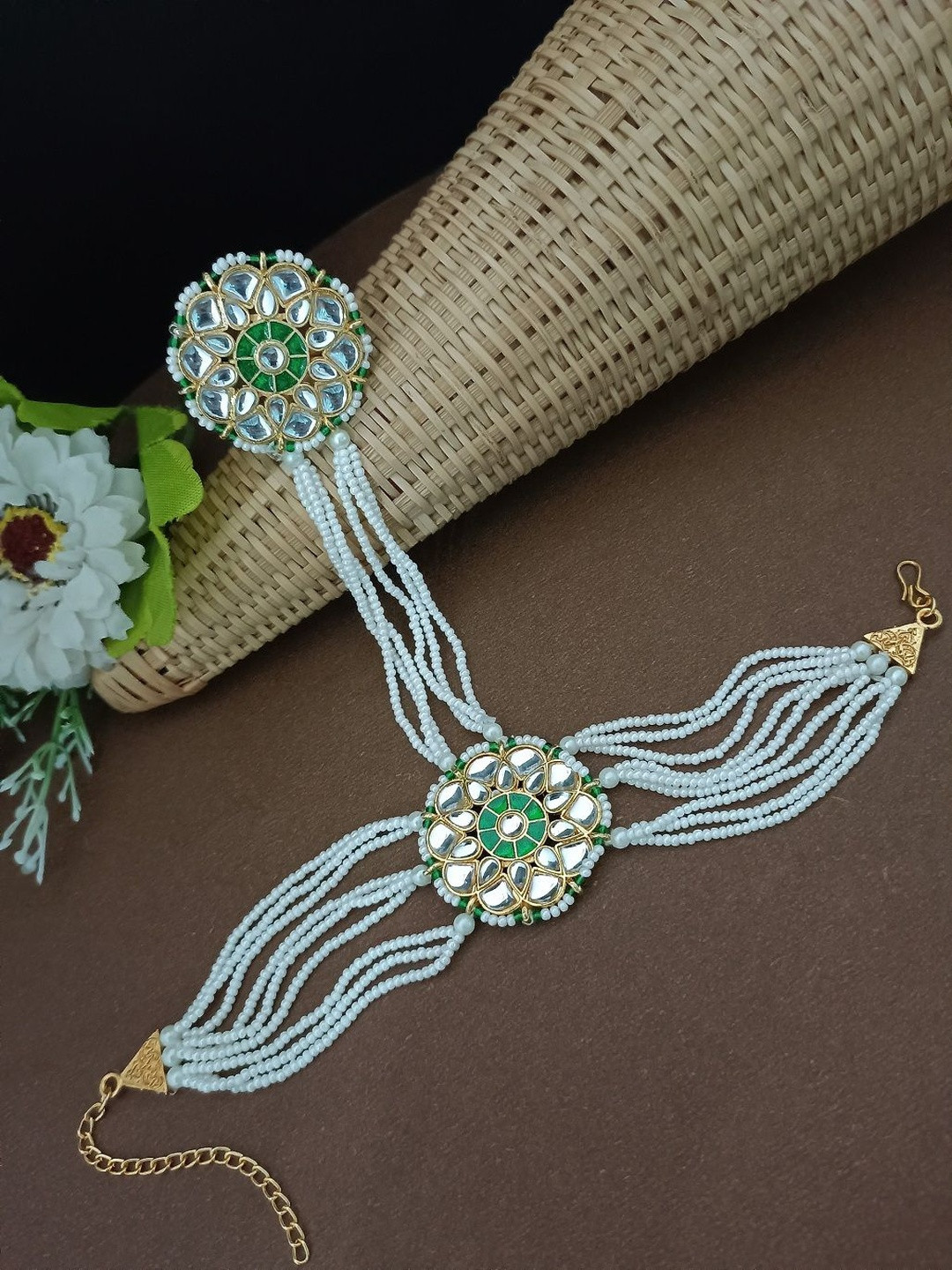Sanjog Gold-Plated Kundan Studded Meenakari Ring Bracelet