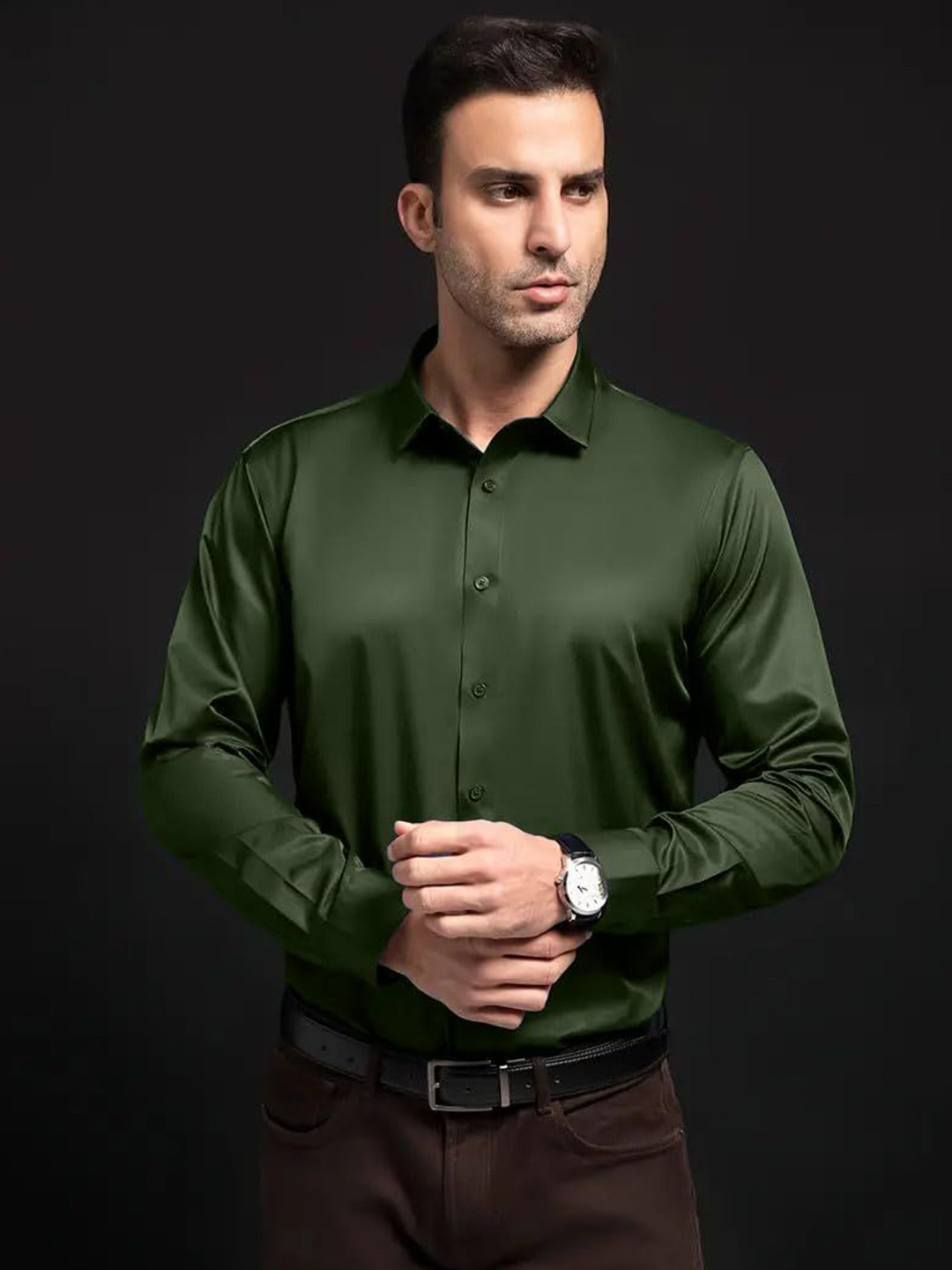 INDOPRIMO Men Solid Spread Collar Satin Formal Shirt