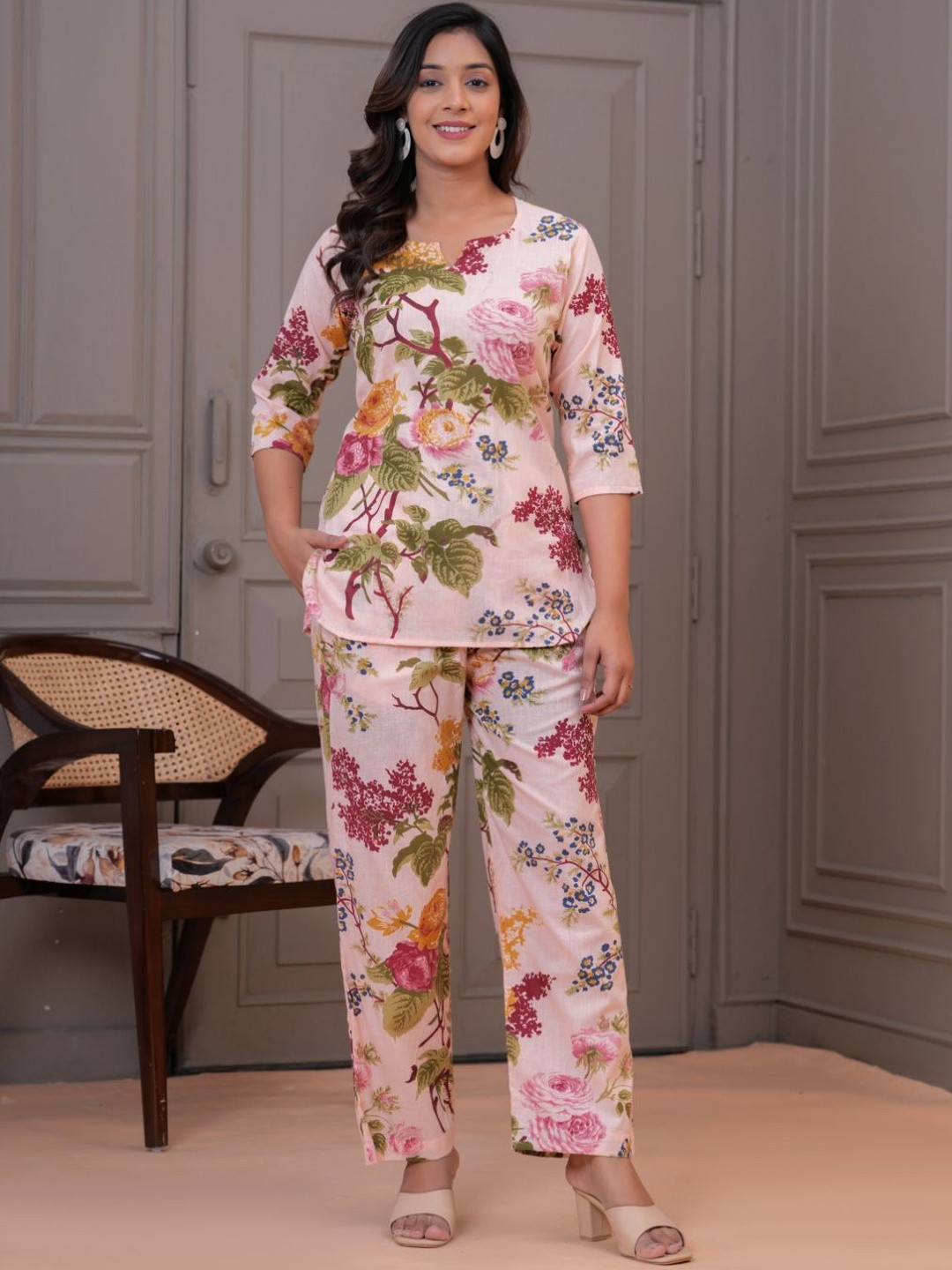 FEMARY Women Peach Pure Cotton Floral Printed Three-Quarter Sleeves Co-ord set