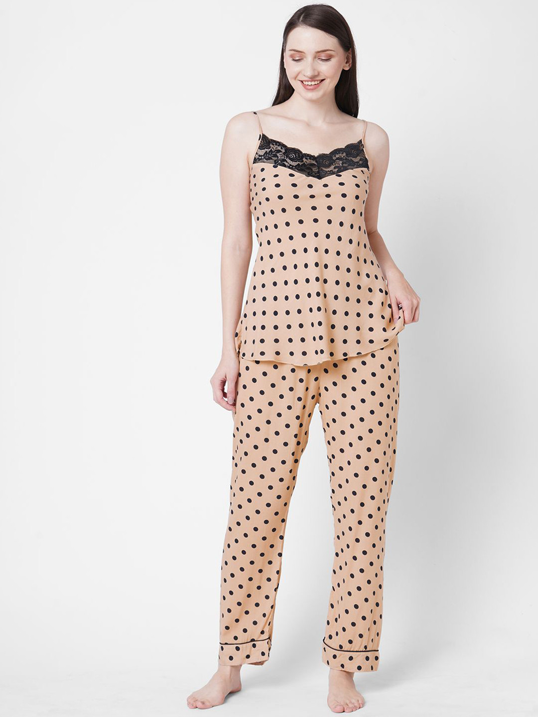 Sweet Dreams Polka Printed V-Neck Night Suits With  shrug