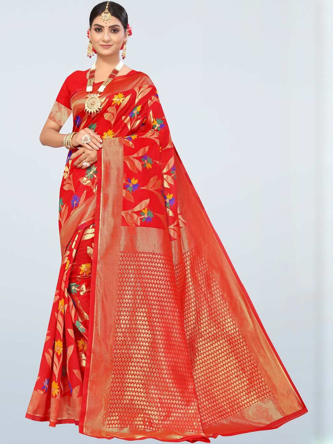 Suha Women Red Color Weaving Work Cotton Blend Saree