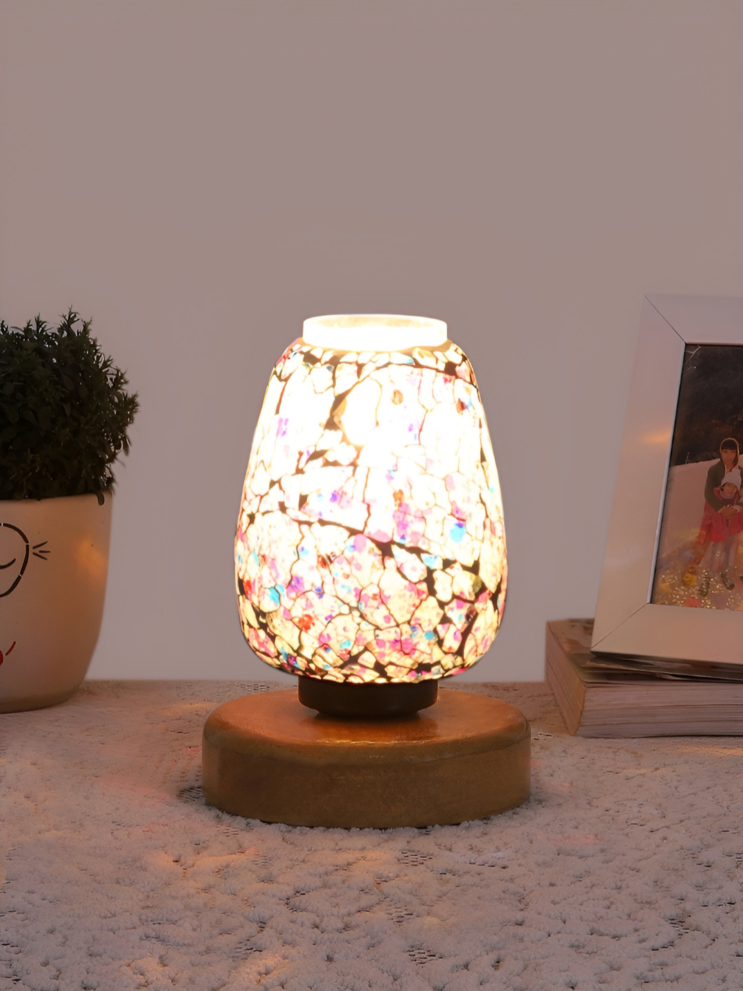 Aura Pink & Blue Textured Abstract Shaped Glass Table Lamp With Wooden Base
