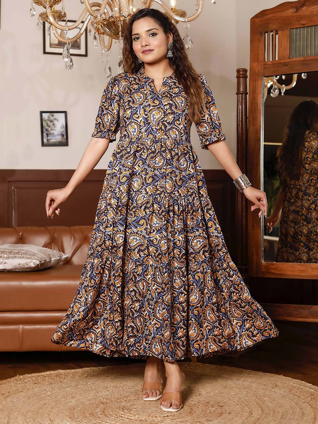 PRESHA Women Paisley Printed Puff Sleeves Pleated Detail Fit and Flare Maxi Dress