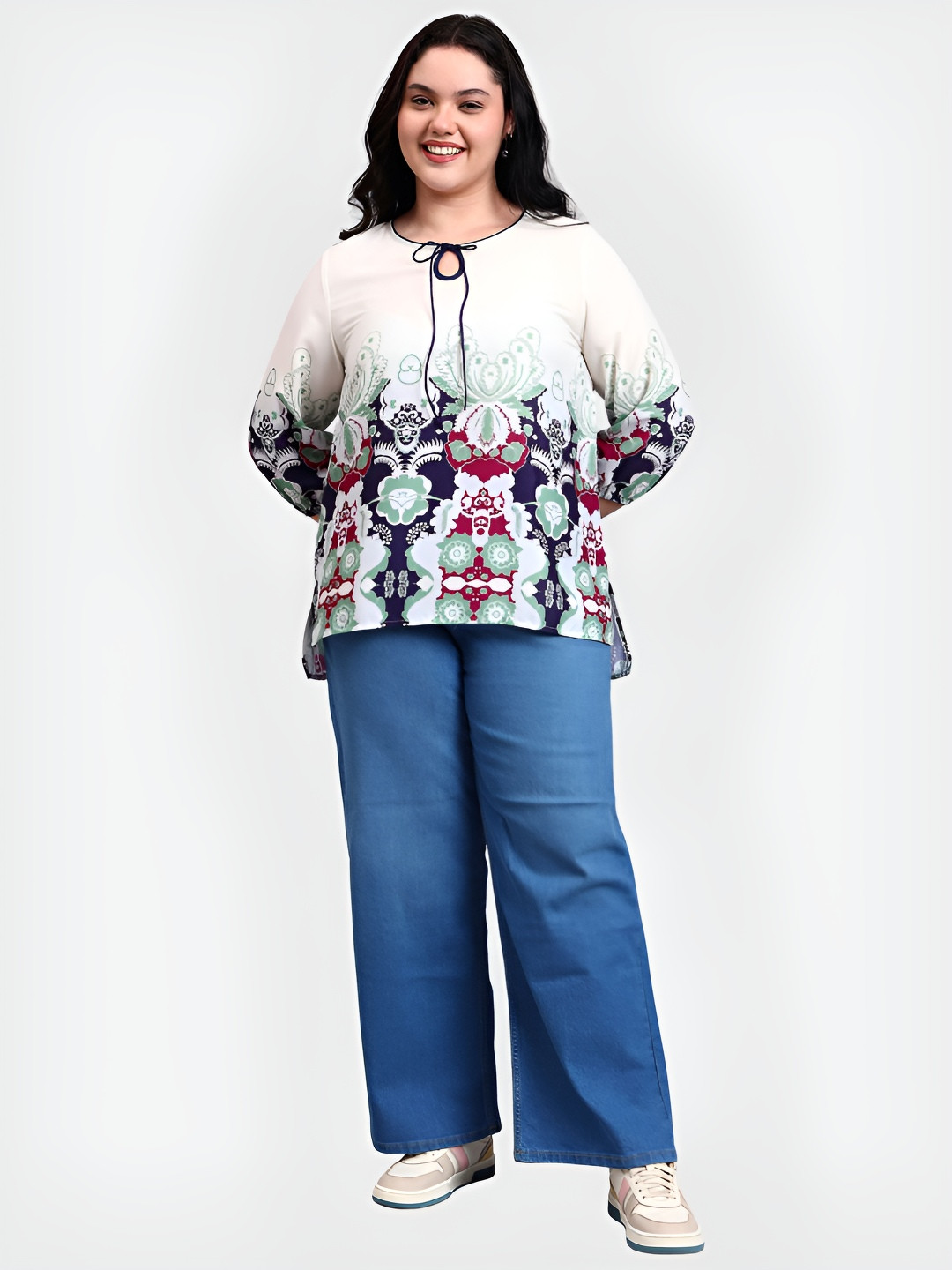 Orchid Blues Ethnic Motifs Print Tie-Up Neck Plus Size Top
