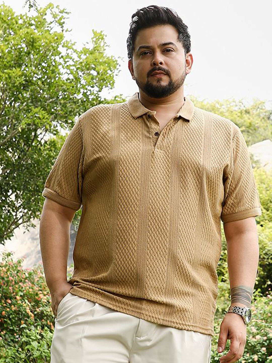 Instafab Plus Men Self Design Polo Collar Cotton T-shirt