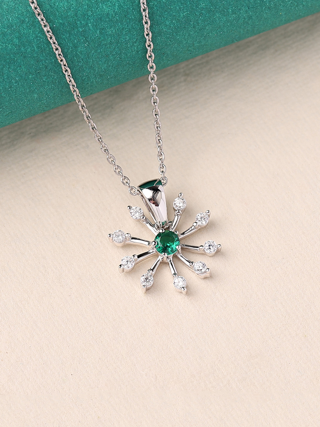 Ornate Jewels 925 Silver Green Emerald Flower Pendant With Chain