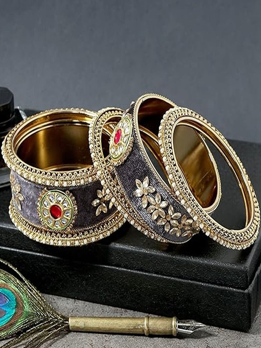 AccessHer Set of 6 Gold-Plated Rajwadi Maroon Velvet Bangles