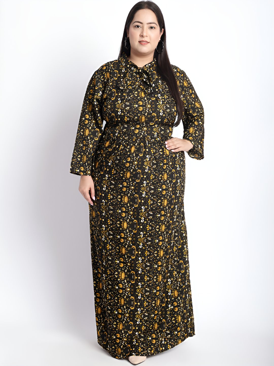 GOMES Women Floral Print Belted Tie-Up Neck Maxi Dress