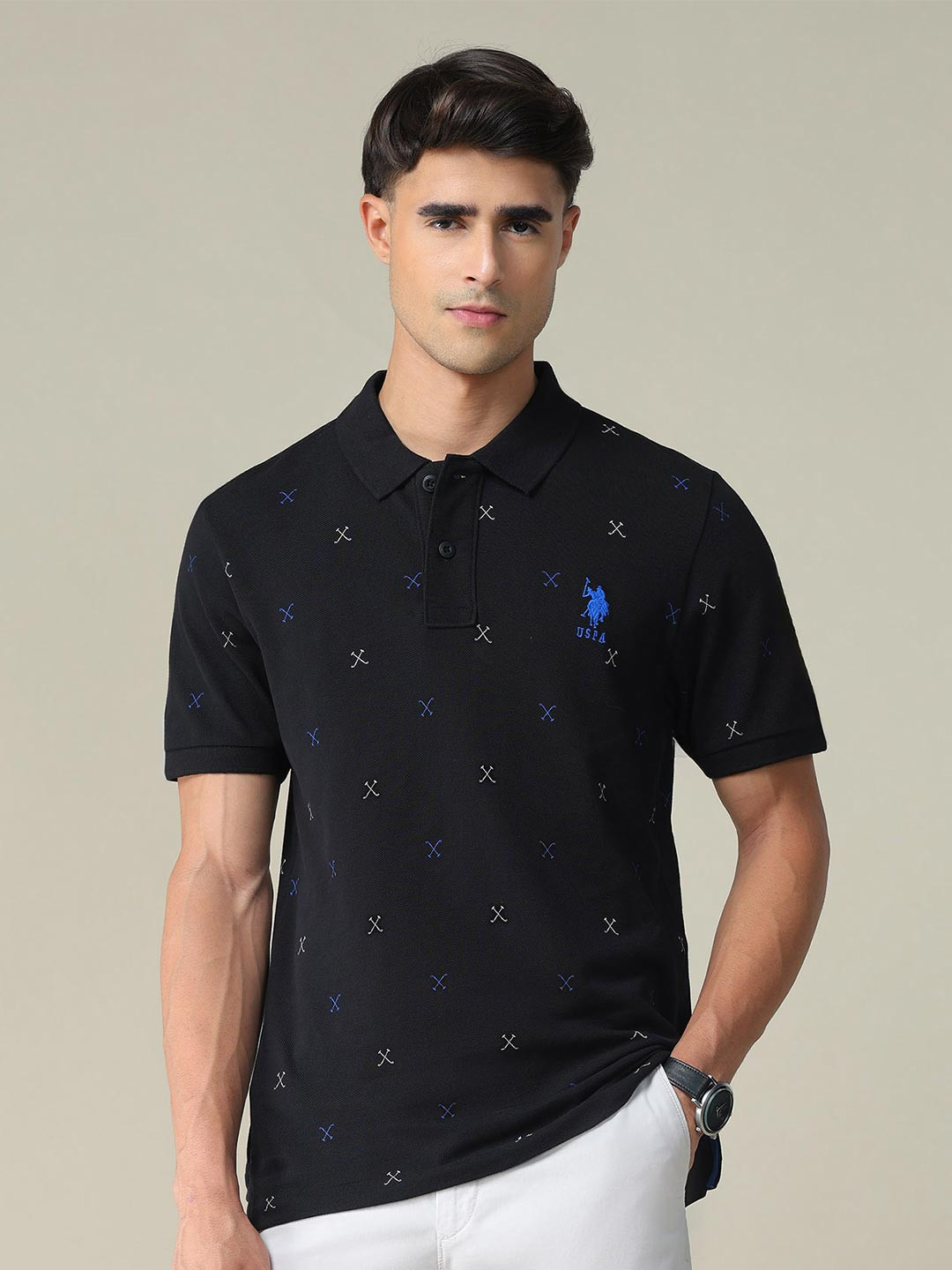 U.S. Polo Assn. Conversational Printed Polo Collar Pure Cotton Slim Fit T-shirt