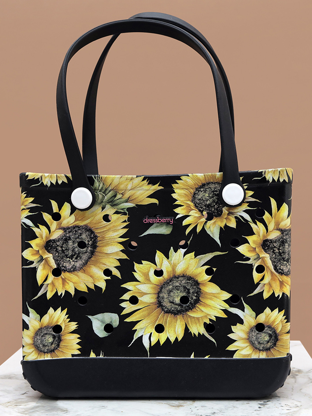 DressBerry Women Black & Yellow Sunflower Printed PU Oversized Shopper Tote Bag