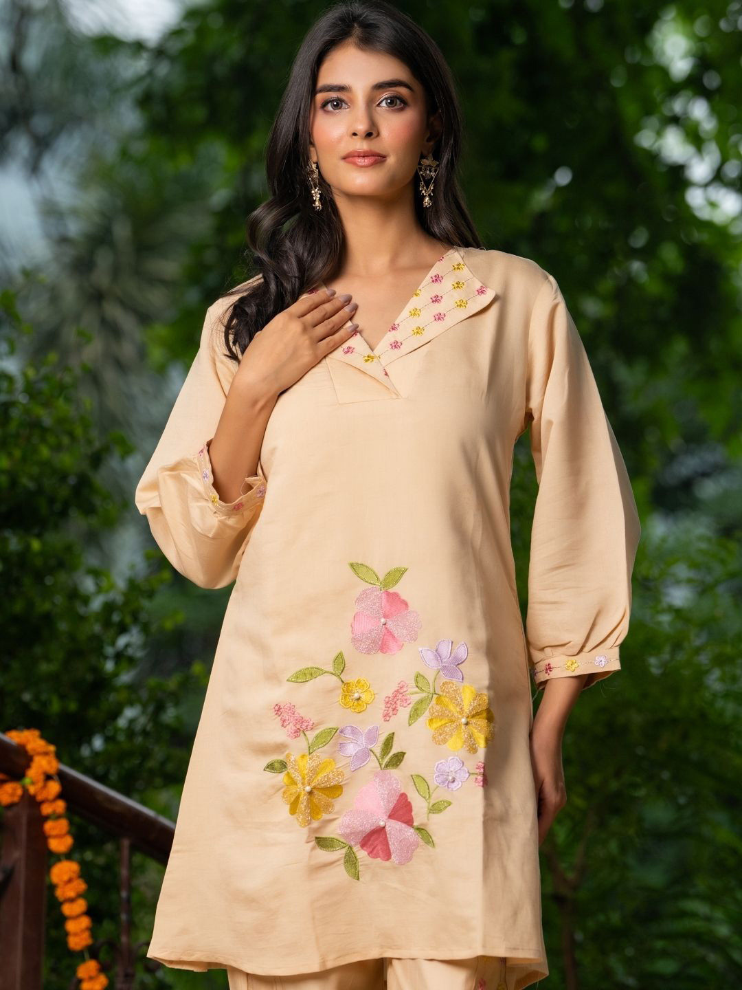 HOUSE OF JAMOTI Malaya Beige Embroidered V-Neck Tunic With Trouser Co-ord Set
