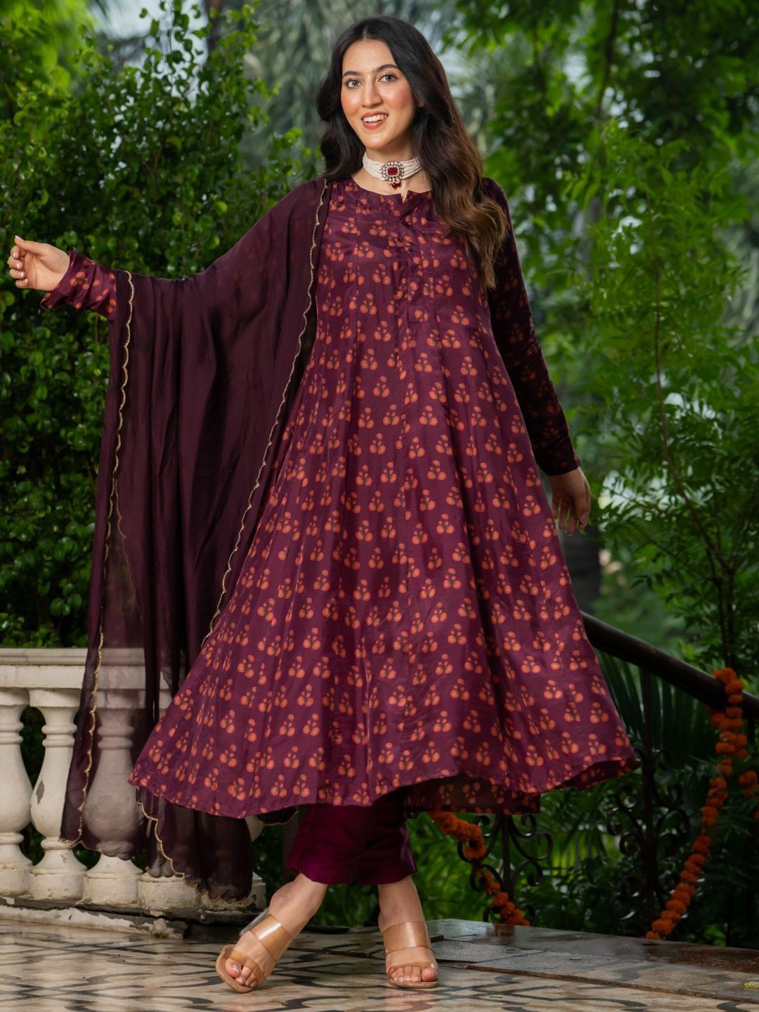 HOUSE OF JAMOTI Crivore Floral Printed Organza Anarkali Kurta & Trouser With Dupatta