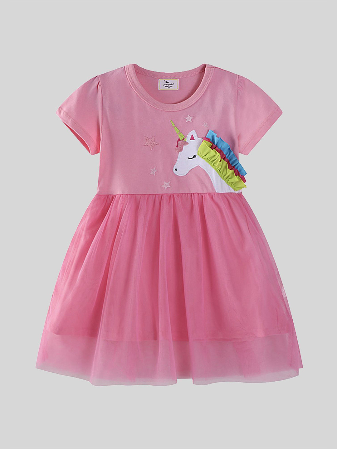 LULU & SKY Girls Graphic Printed Round Neck Gathered or Pleated Gown Maxi Dress