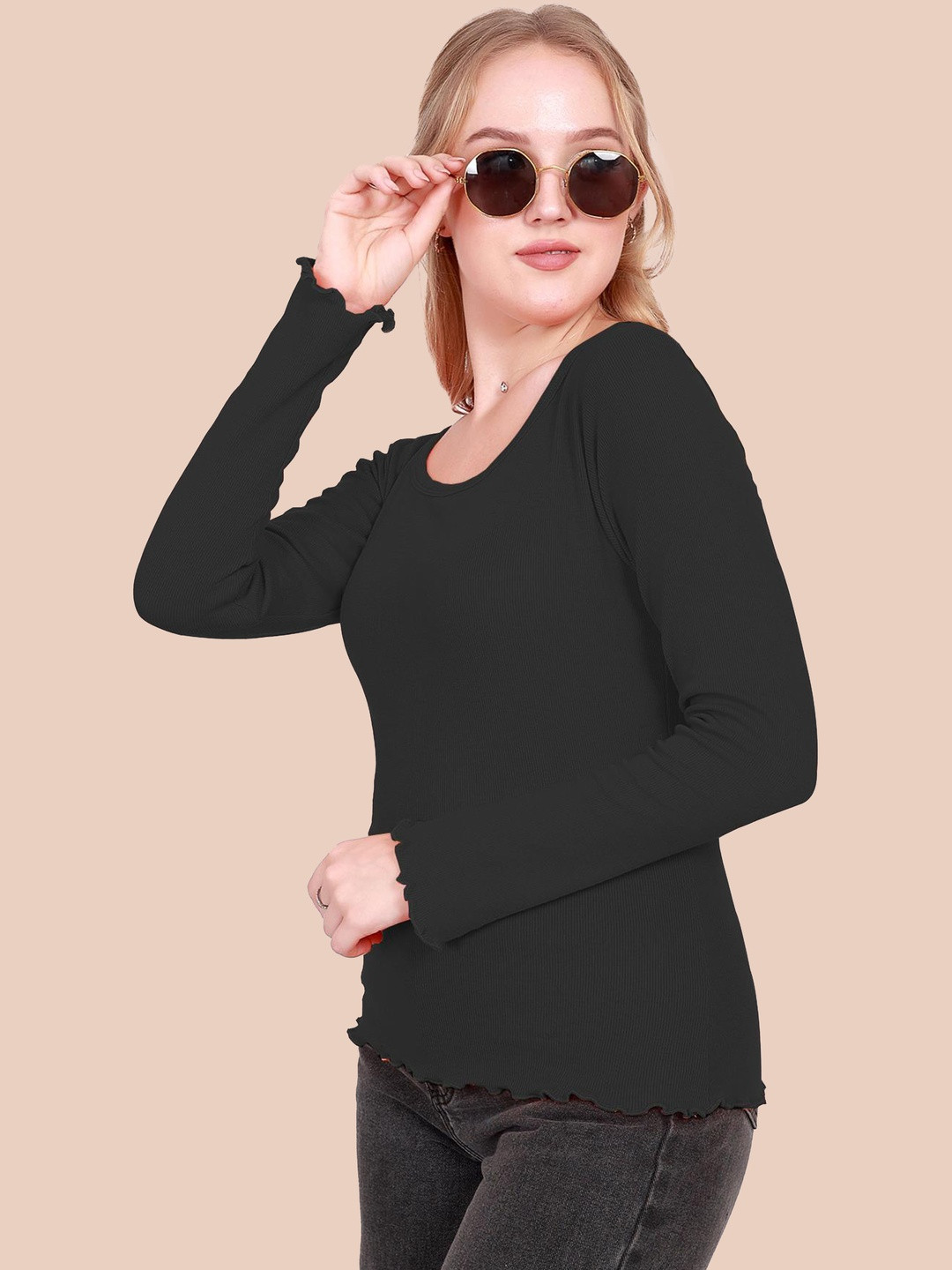 SSTAIR Women Ribbed Scoop Neck Fitted Top