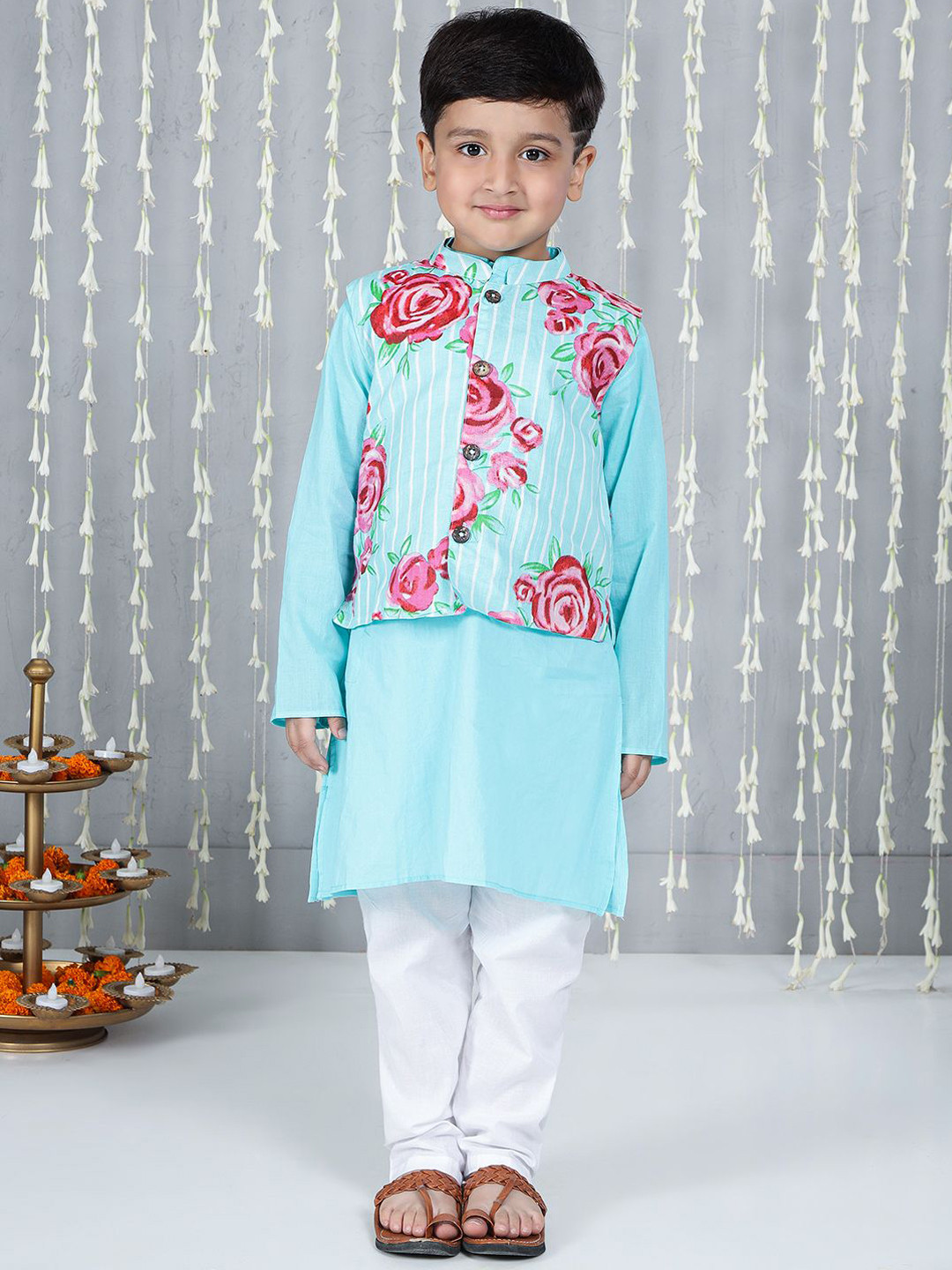KID1 Boys Floral Mandarin Collar Long Sleeves Jacket kurta And Pyjama Set