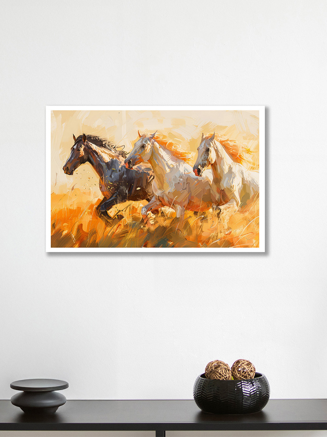 nestroots Riders of the Radiance White & Yellow Horses Printed Canvas Wall Art
