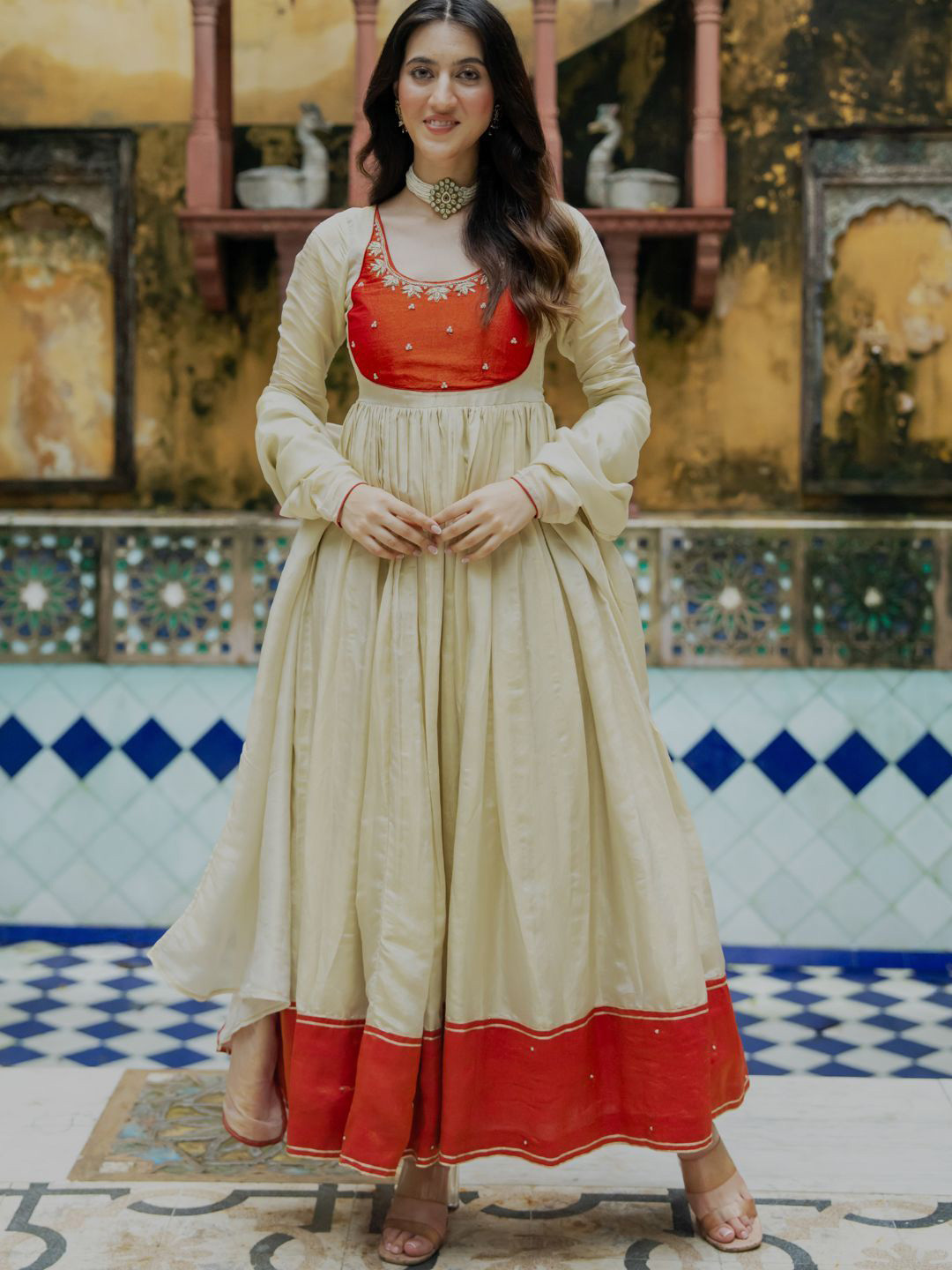 HOUSE OF JAMOTI Women Embroidered Ziva Tissue Anarkali Set Kurta