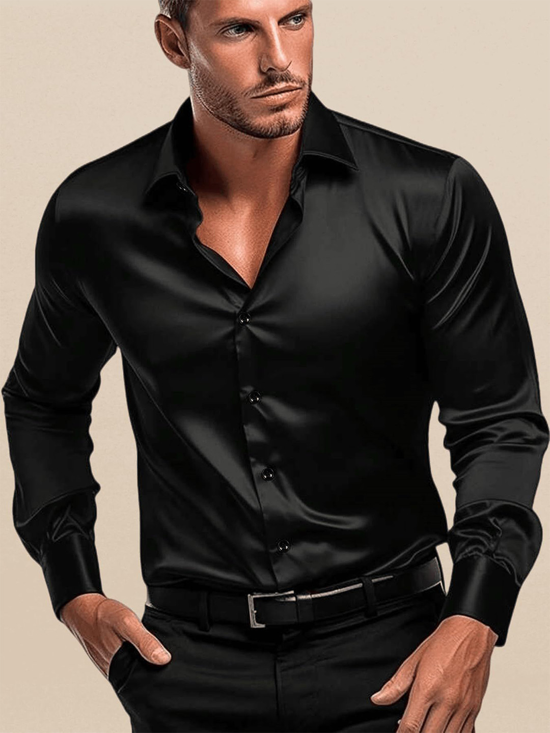 INDOPRIMO Men Black Solid Spread Collar Satin Formal Shirt