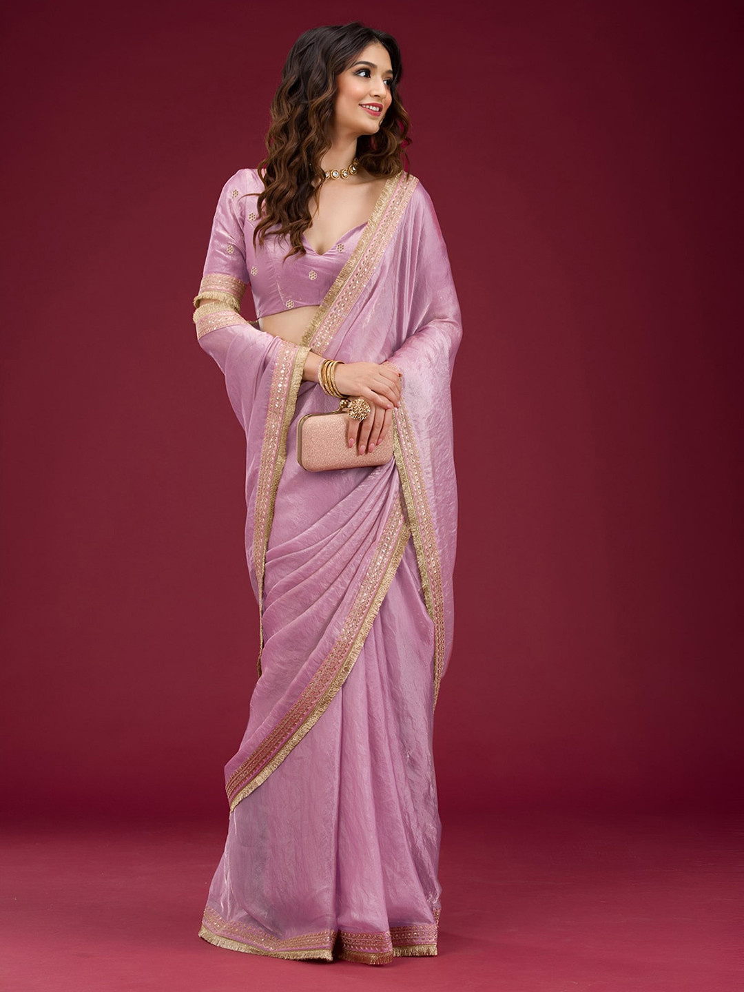 MADHUR HAND WORK ART Women Solid with Embellished Border Tissue Saree