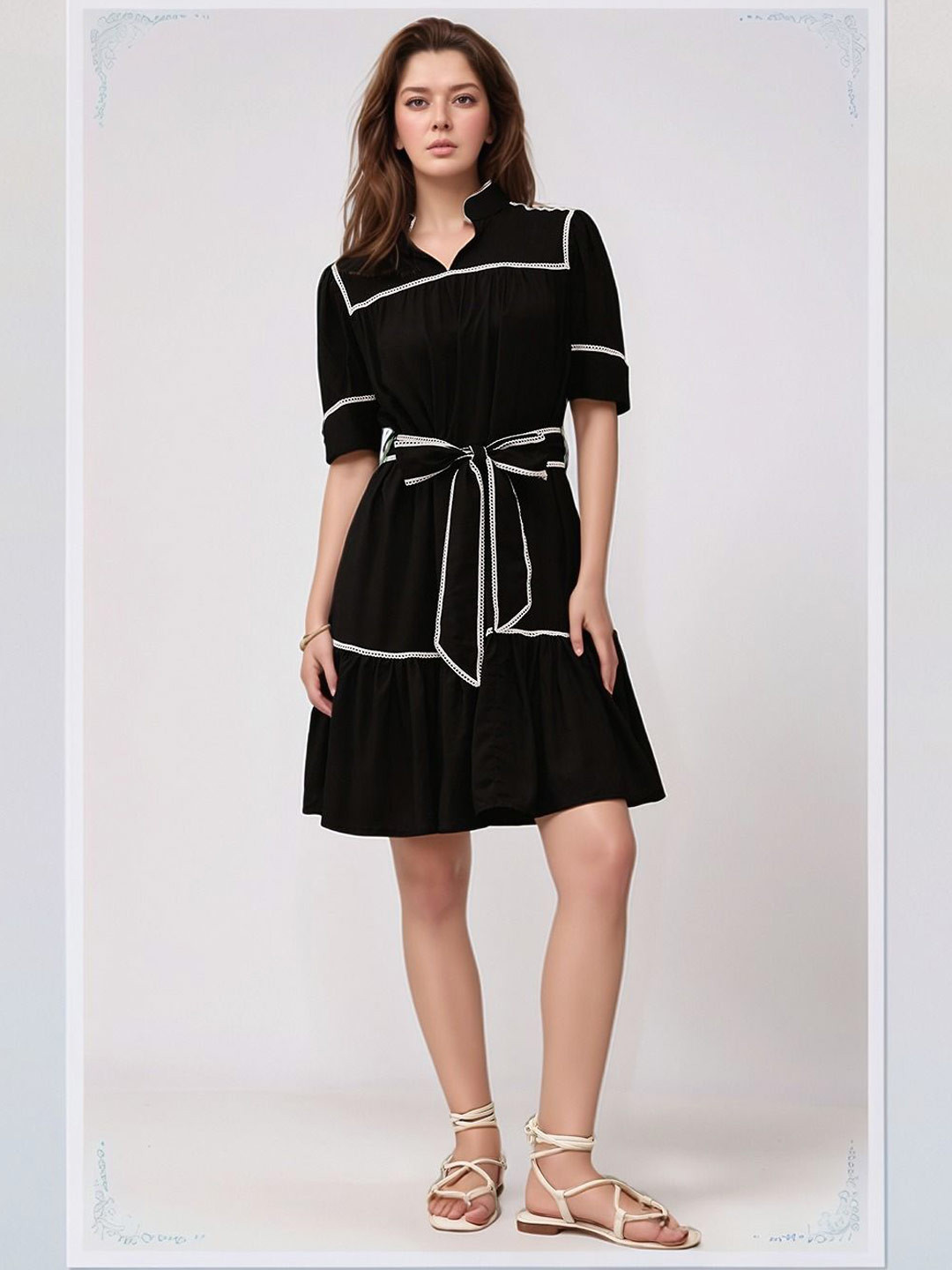 Molly & Michel Women Mandarin Collar Short Sleeves Tie Up Fit & Flare Dress