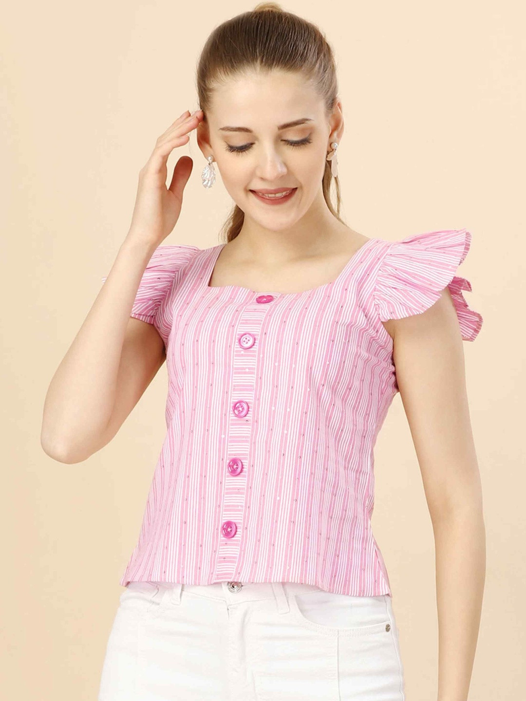 YANAMORA Striped Flutter Sleeve Ruffles Cotton Top