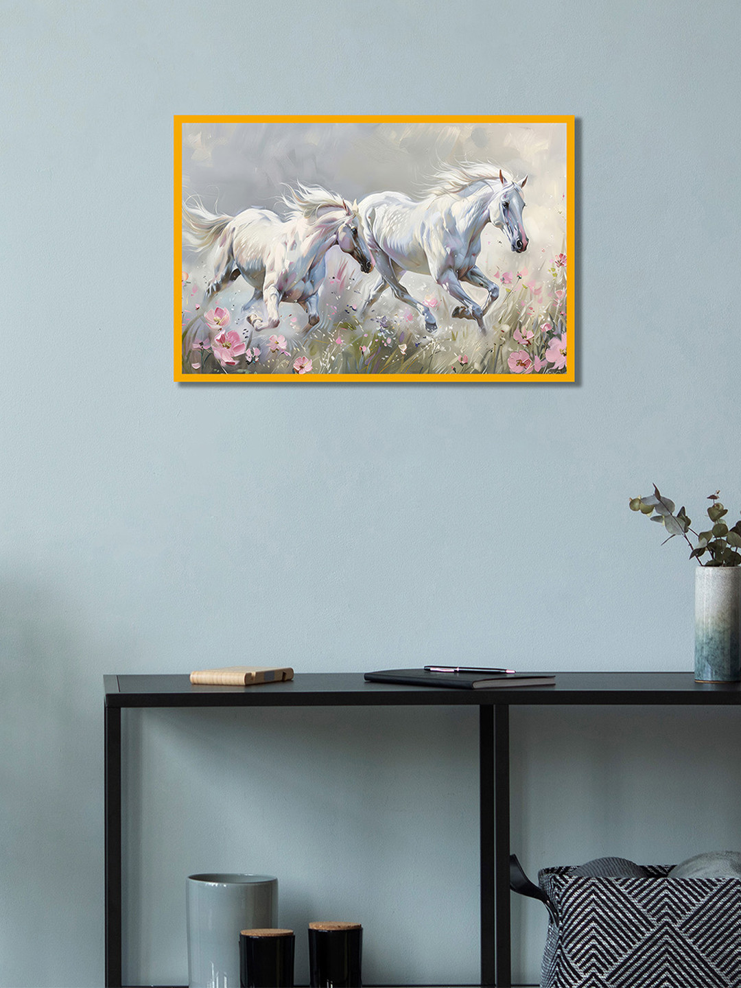 nestroots Cream-Coloured & Grey Running Through Roses Horse Canvas Wall Art