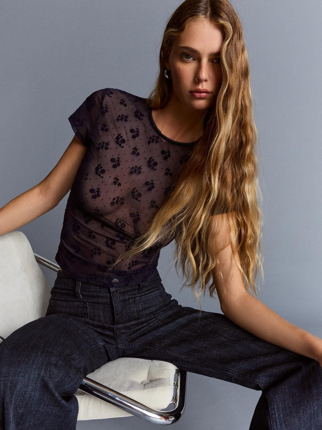 Bershka Printed Short Sleeve Tulle T-shirt