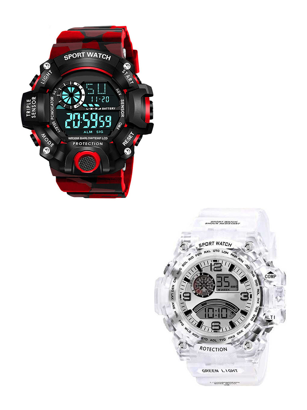 FROZIL Men Set of 2 Regular Strap Digital Watches C-Army-Red-Trans White