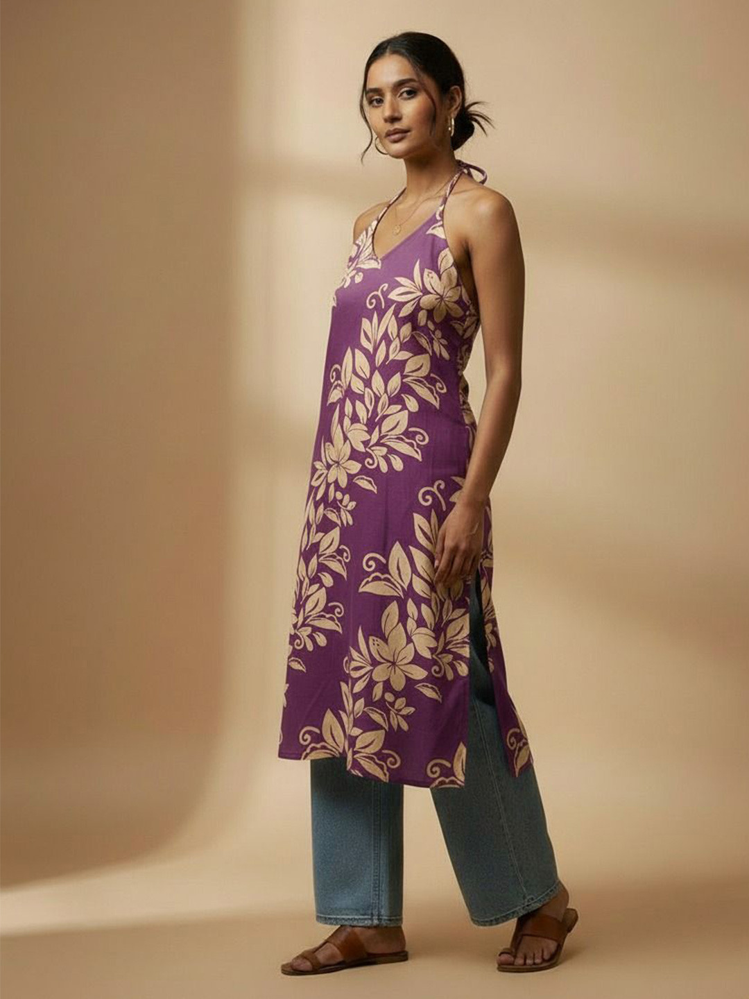 DHAKRE FASHION Women Backless Floral Printed Daily Pure Cotton Straight Kurta