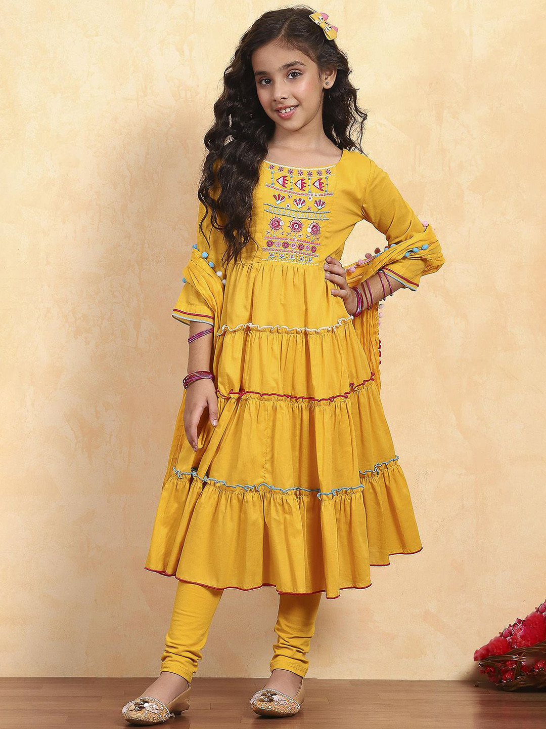 Biba Girls Embroidered Cotton Kurta & Churidar Bottom With Dupatta