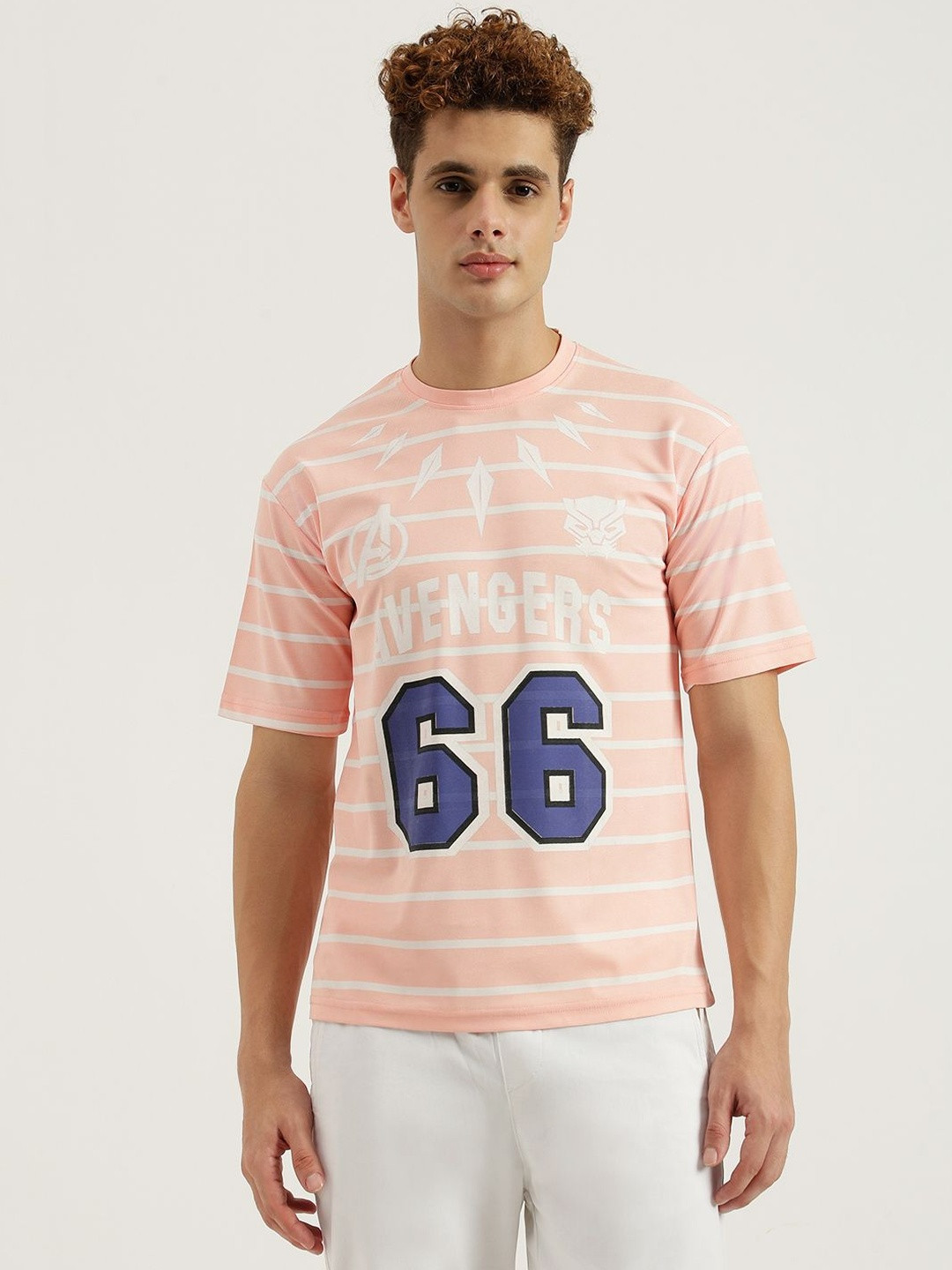 Emartos Men Avengers Striped Round Neck Cotton Oversized T-shirt