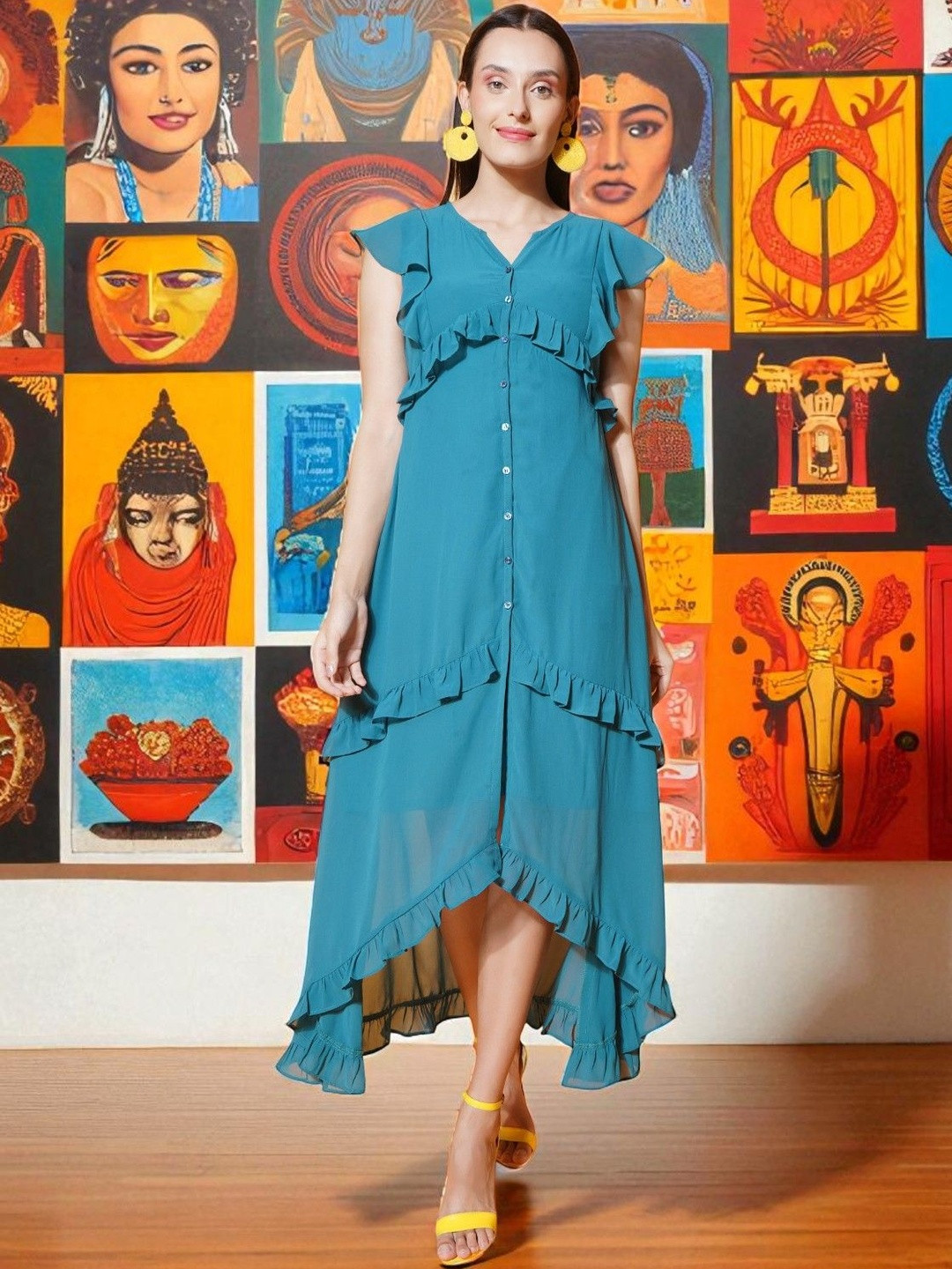 KATLINE Ruffled Flutter Sleeve High-Low Hemline Tiered Georgette A-Line Midi Dress