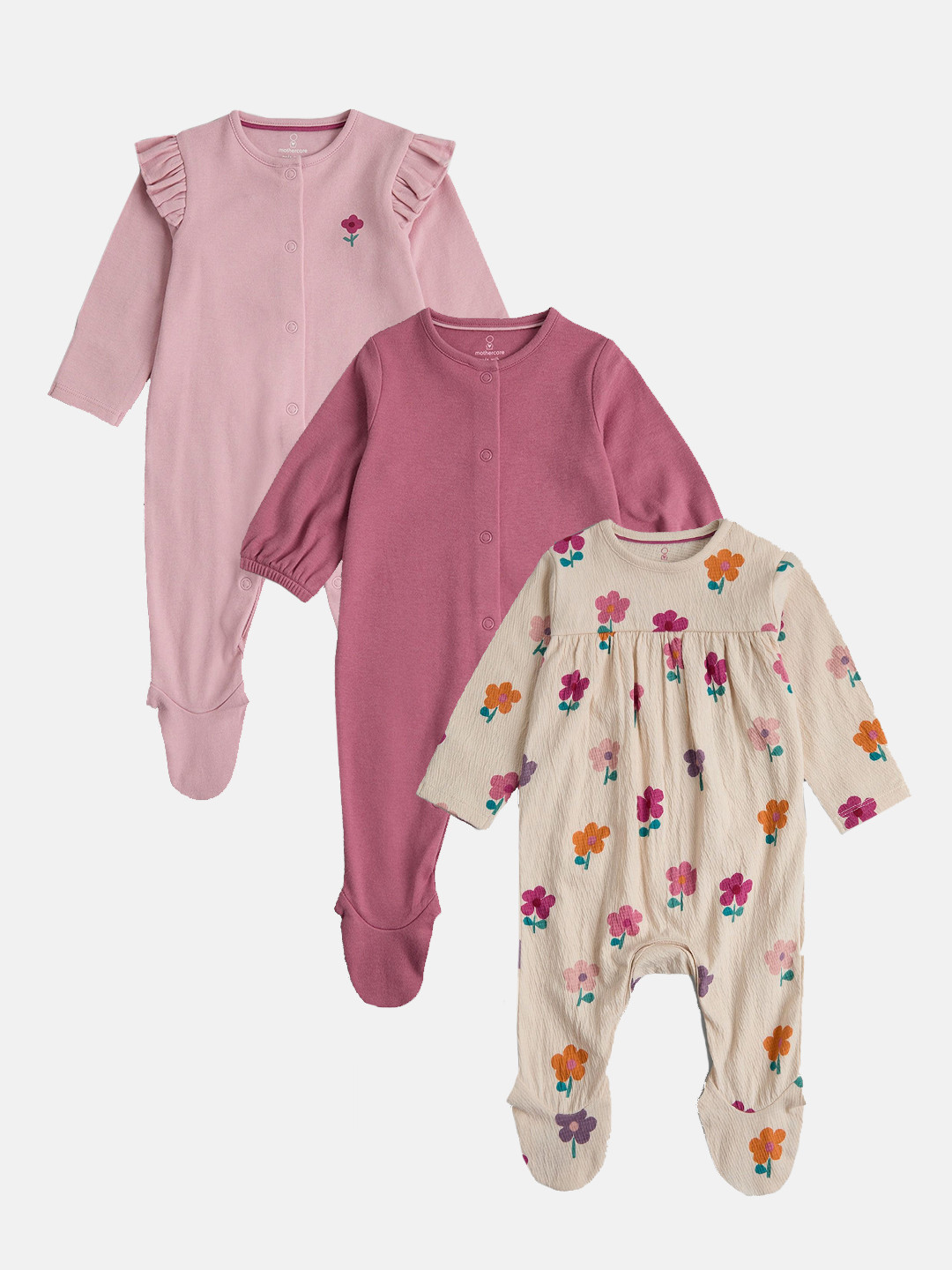 mothercare Girls Pack Of 3 Happy Garden Printed Sleepsuits