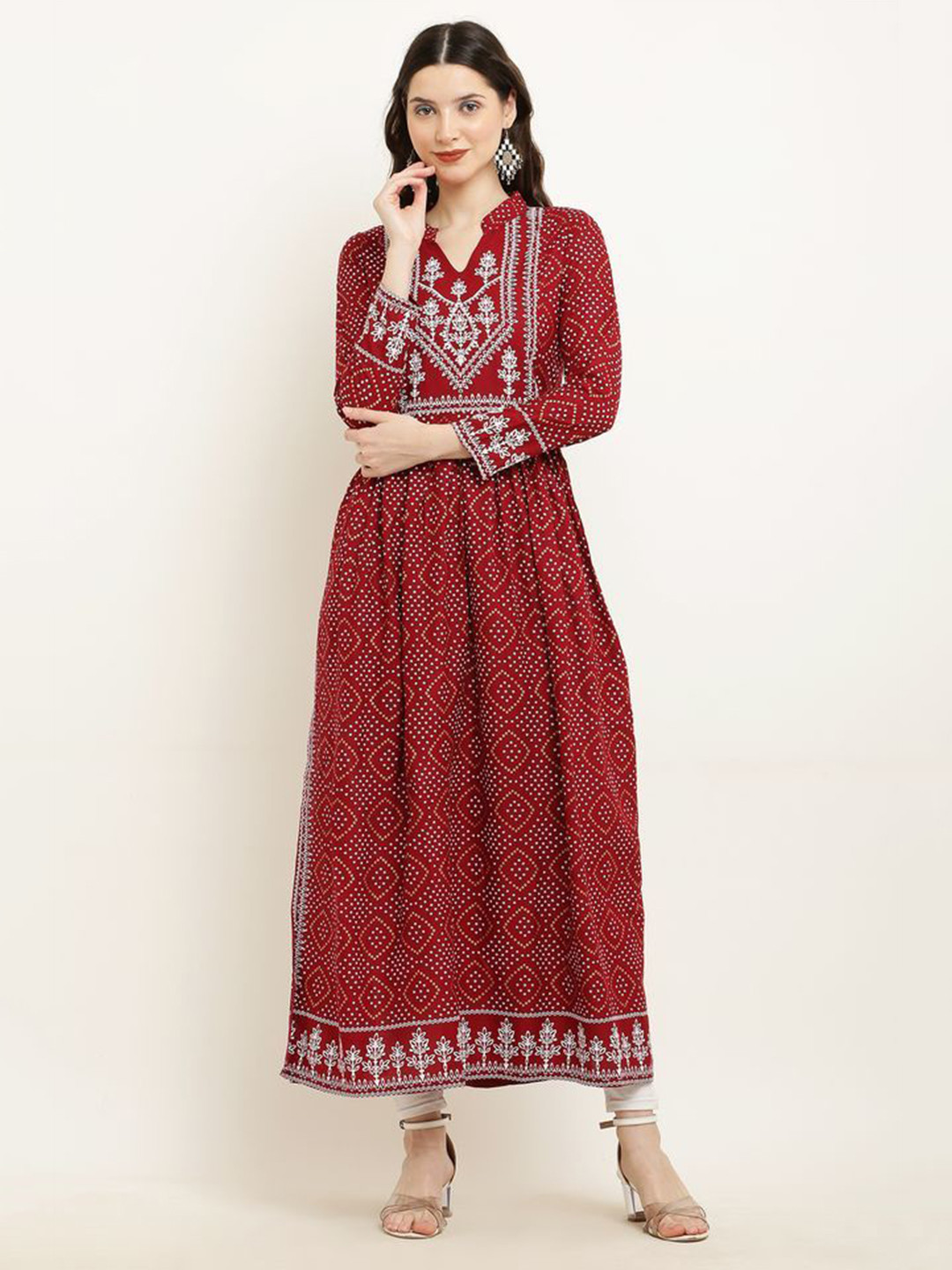 MANGGO Bandhani Printed Mandarin Collar Cotton A-Line Kurta