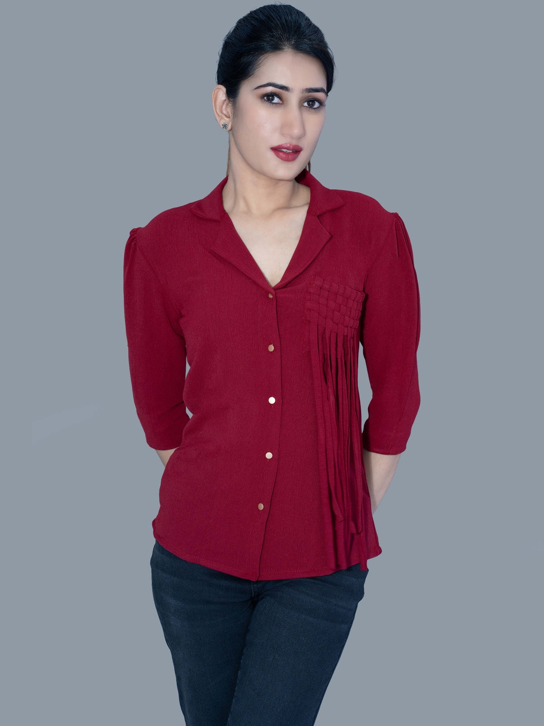 BELLO DONA CLOTHING Women Lapel Collar Puff Sleeve Fringes Detailed Top