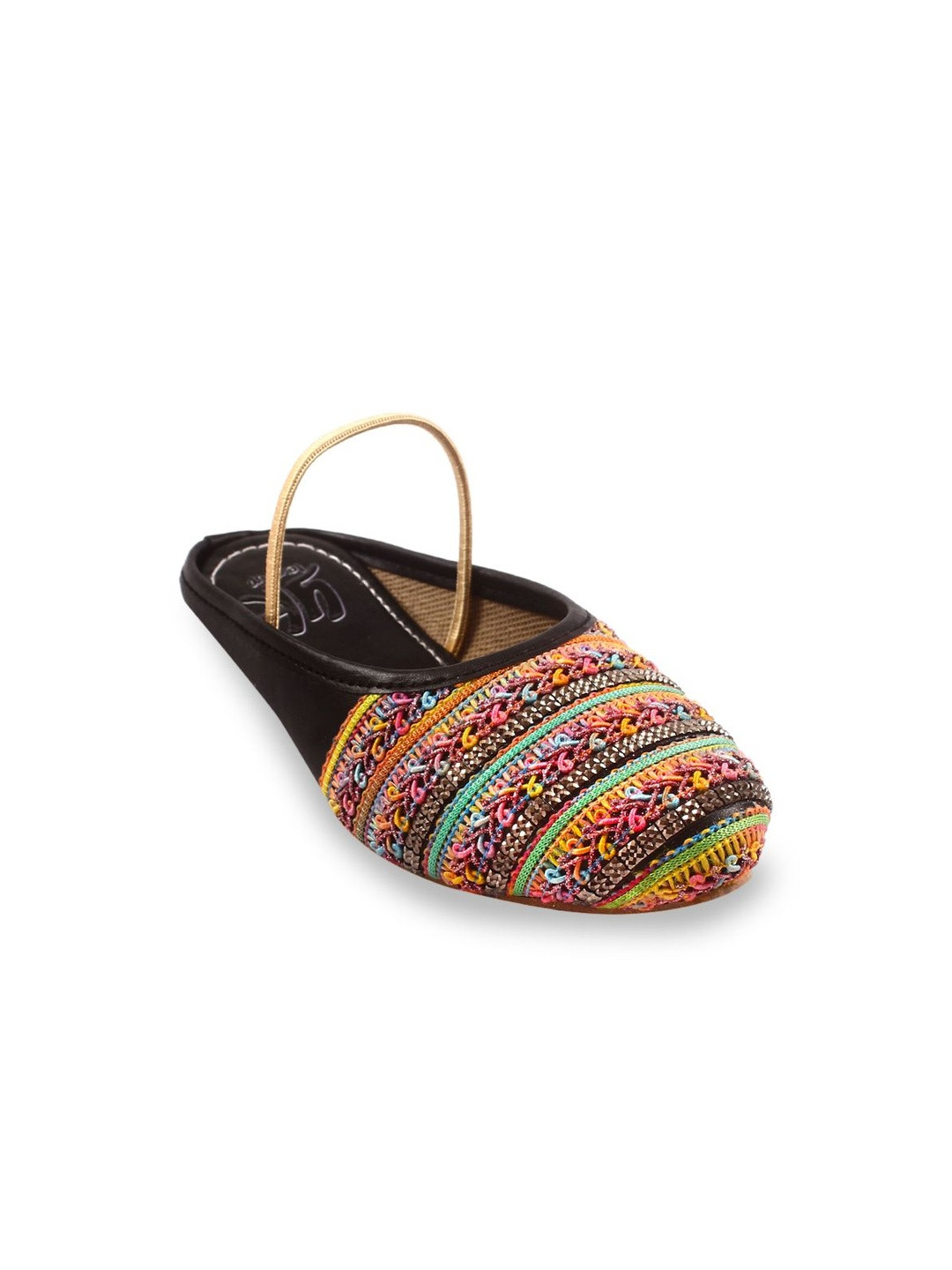 YK Girls Black & Multicolor Embroidery Synthetic Leather Mojaris Flats