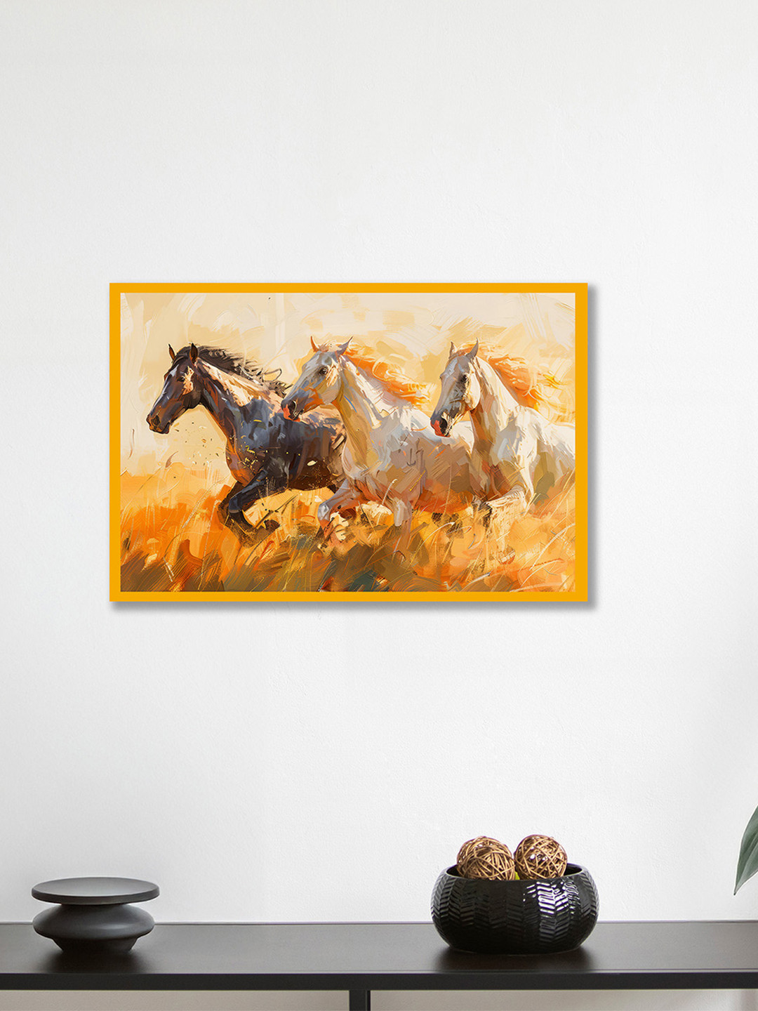 nestroots Riders of the Radiance Yellow & White Horse Printed Canvas Wall Art