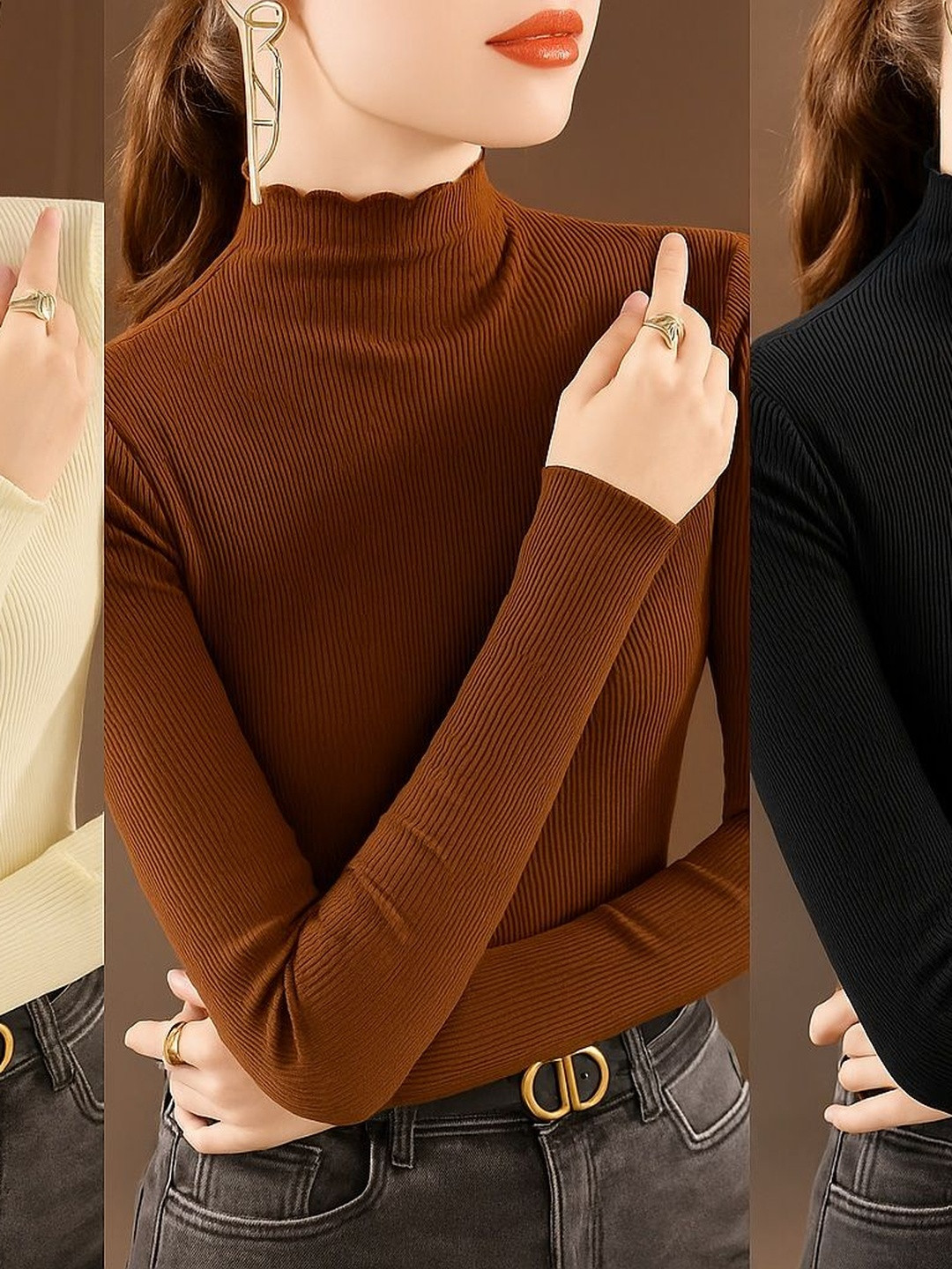 R.Code by The Roadster Life Co. Women Pack of 3 Ribbed High Neck Top