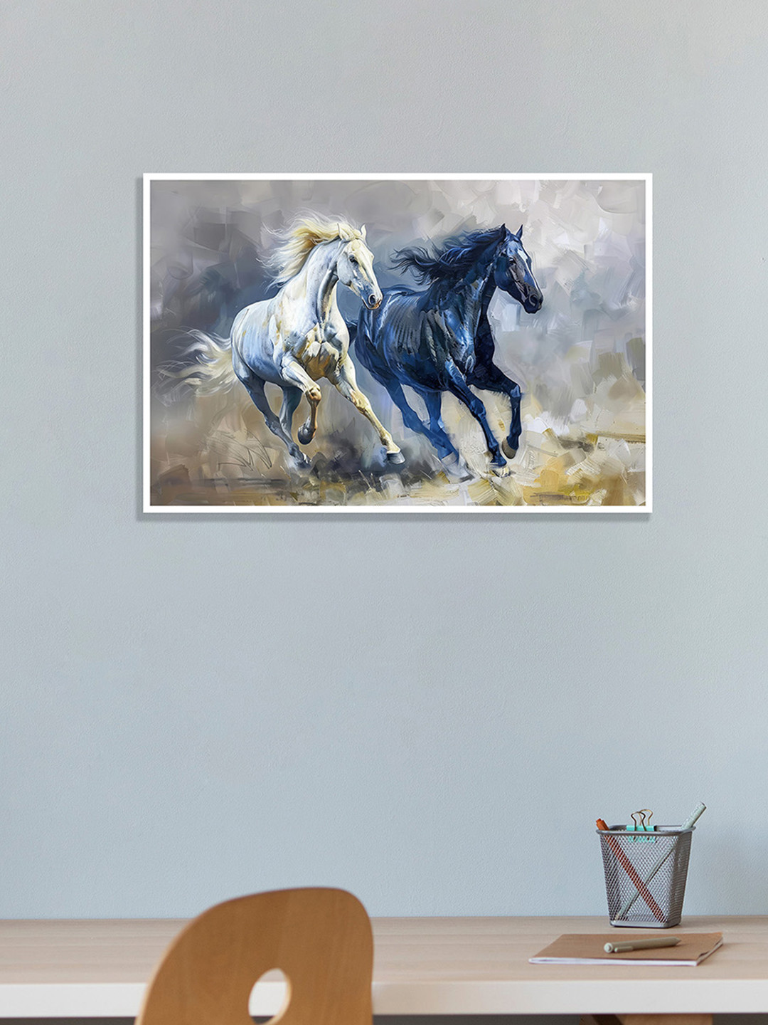 nestroots White & Blue Running Horse Printed Canvas Wall Art