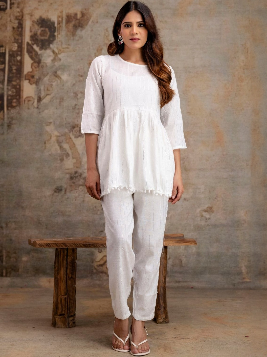 Mehsoos Women Woven Design Self Design Cotton A-Line Kurti with Trousers