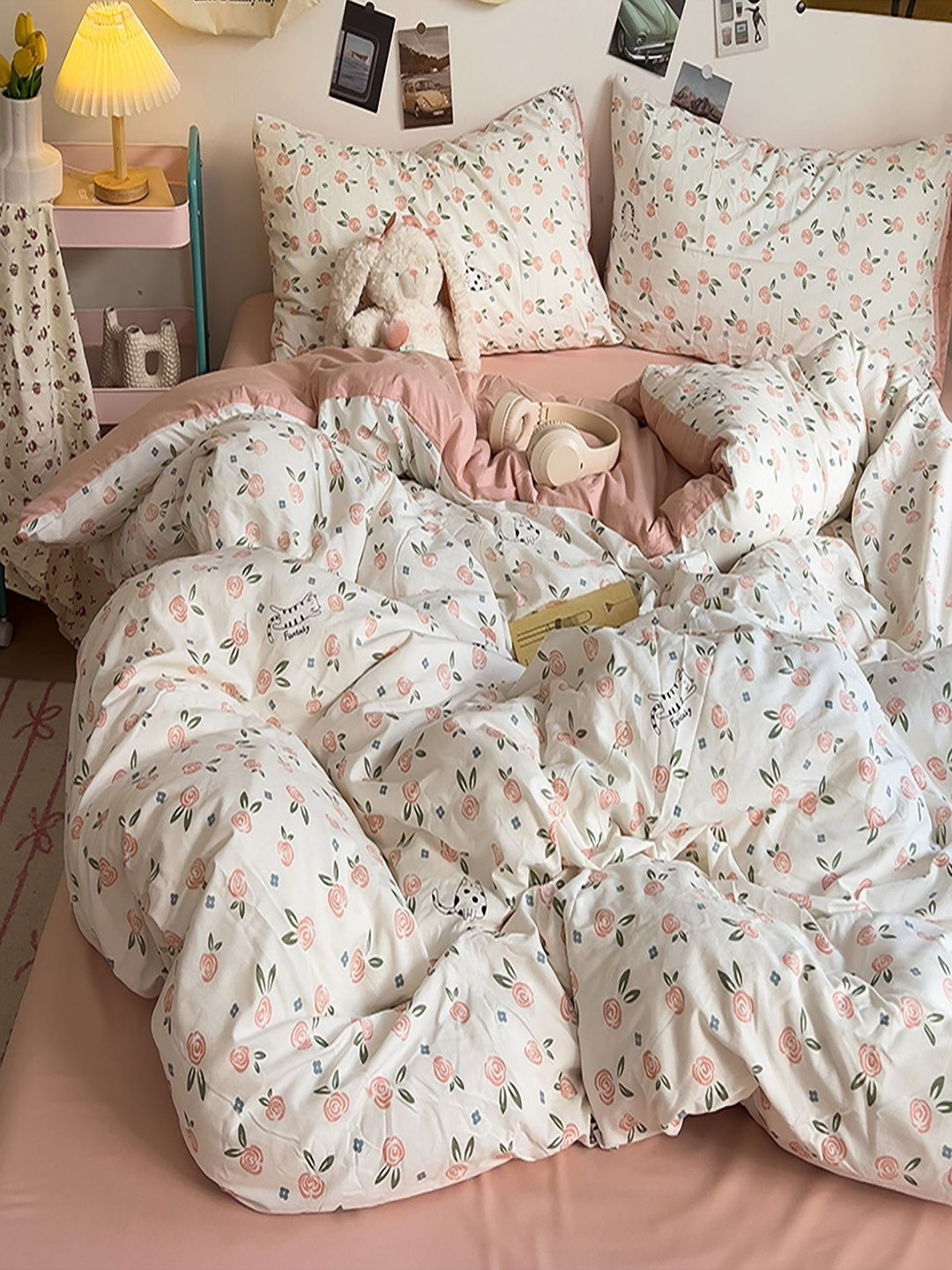 JC HOME Pink & White 4 Pieces Floral Double XL AC Room Bedding Set