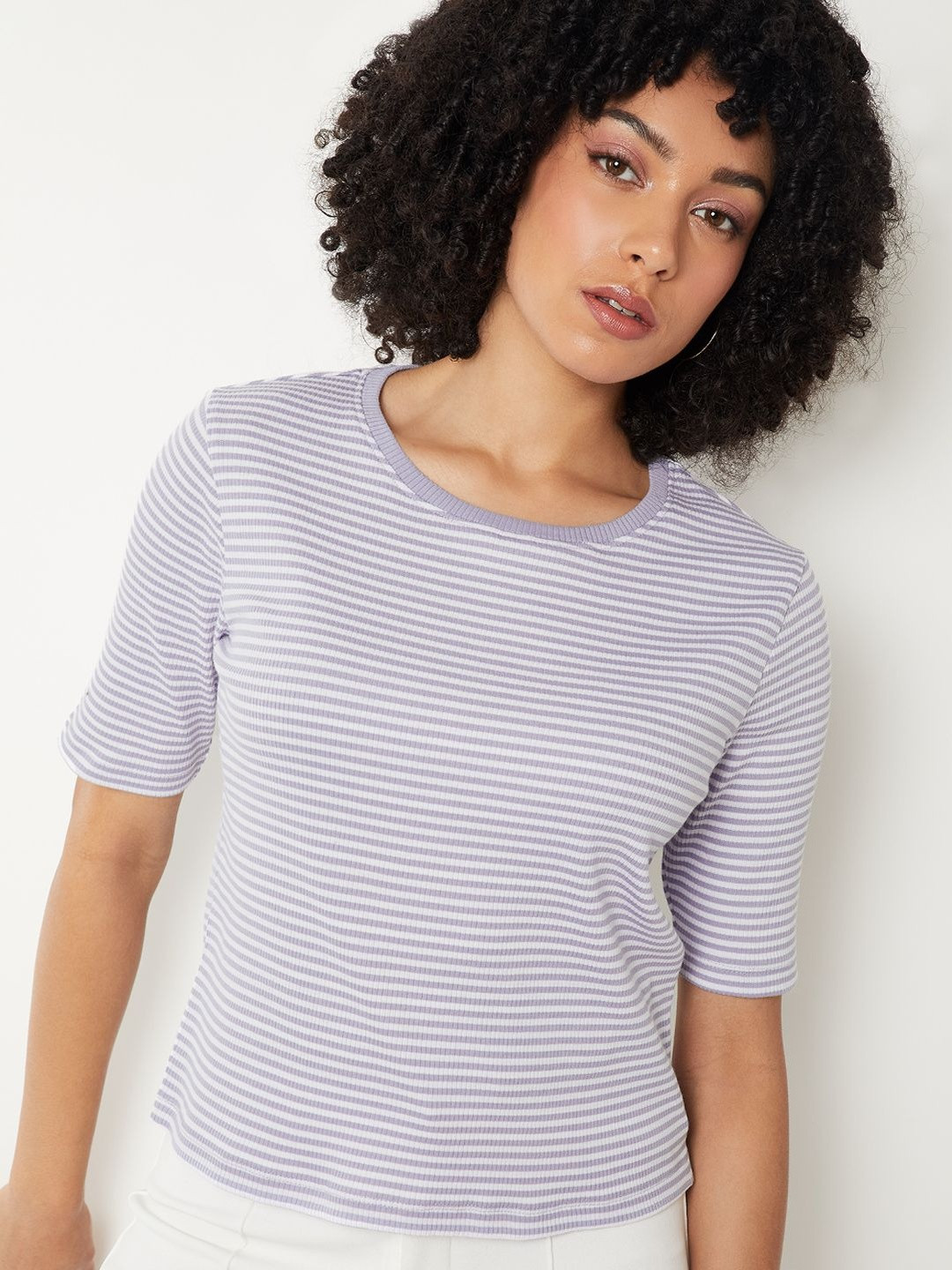 max Women Striped Round Neck T-shirt