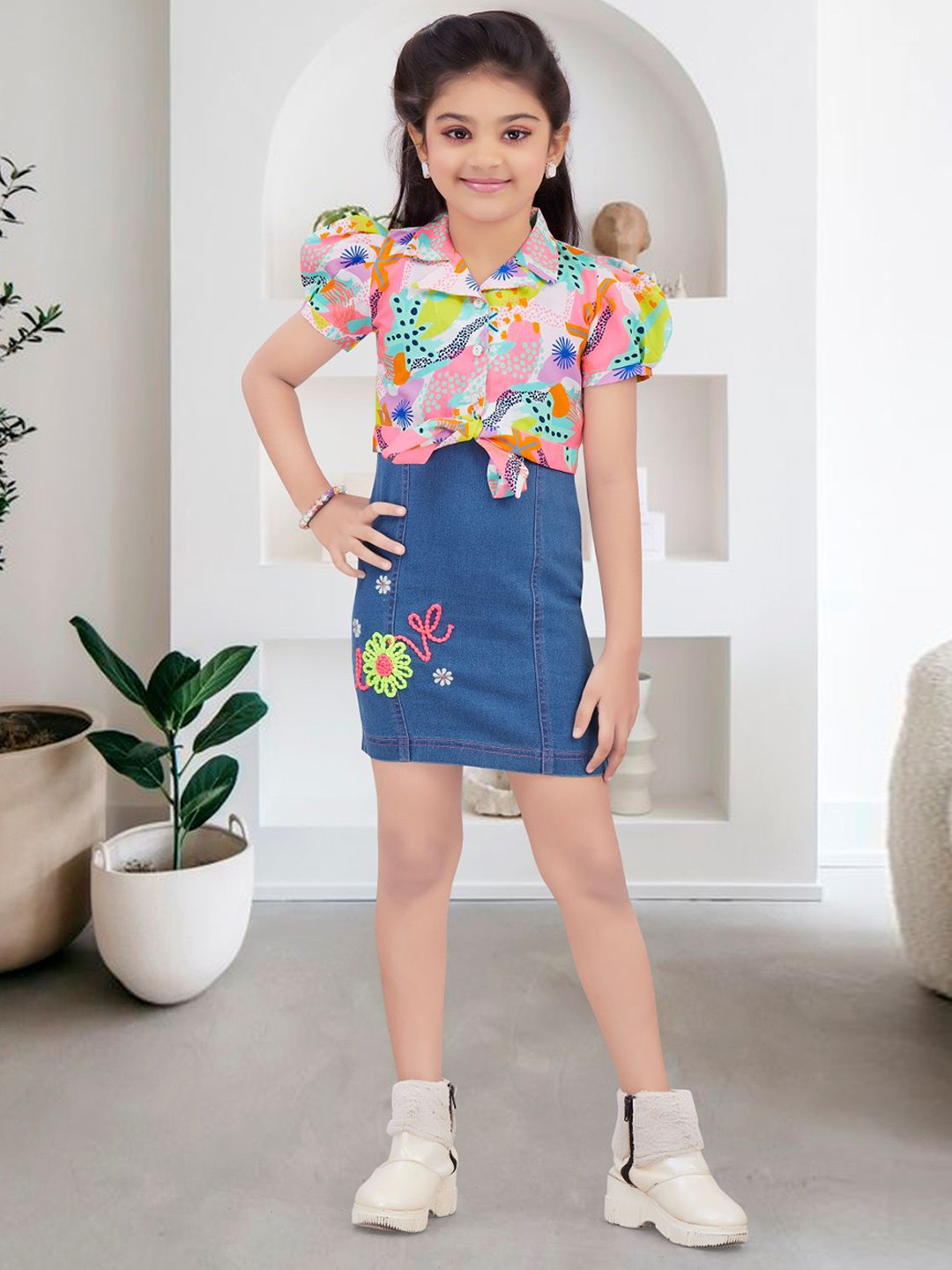 Lei-Chie Girls Floral Embroidered Puff Sleeve Denim Bodycon Dress with Printed Shirt