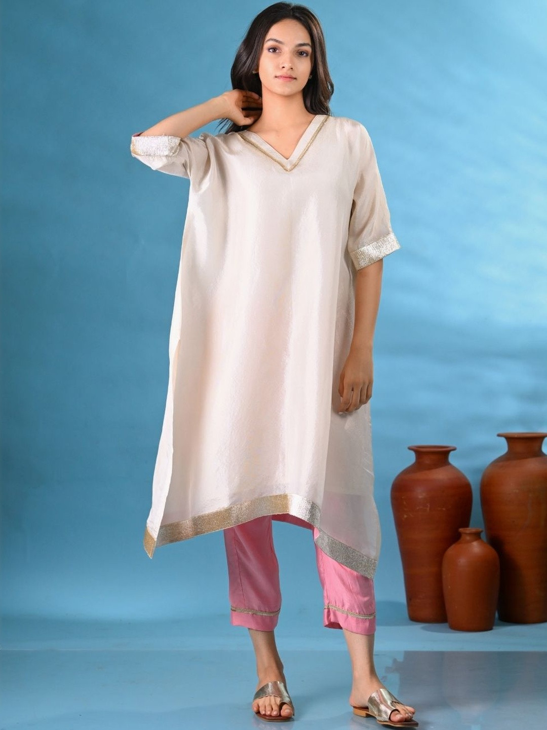 SHOP GULMOHAR V-Neck Straight Tissue Kurta With Trousers